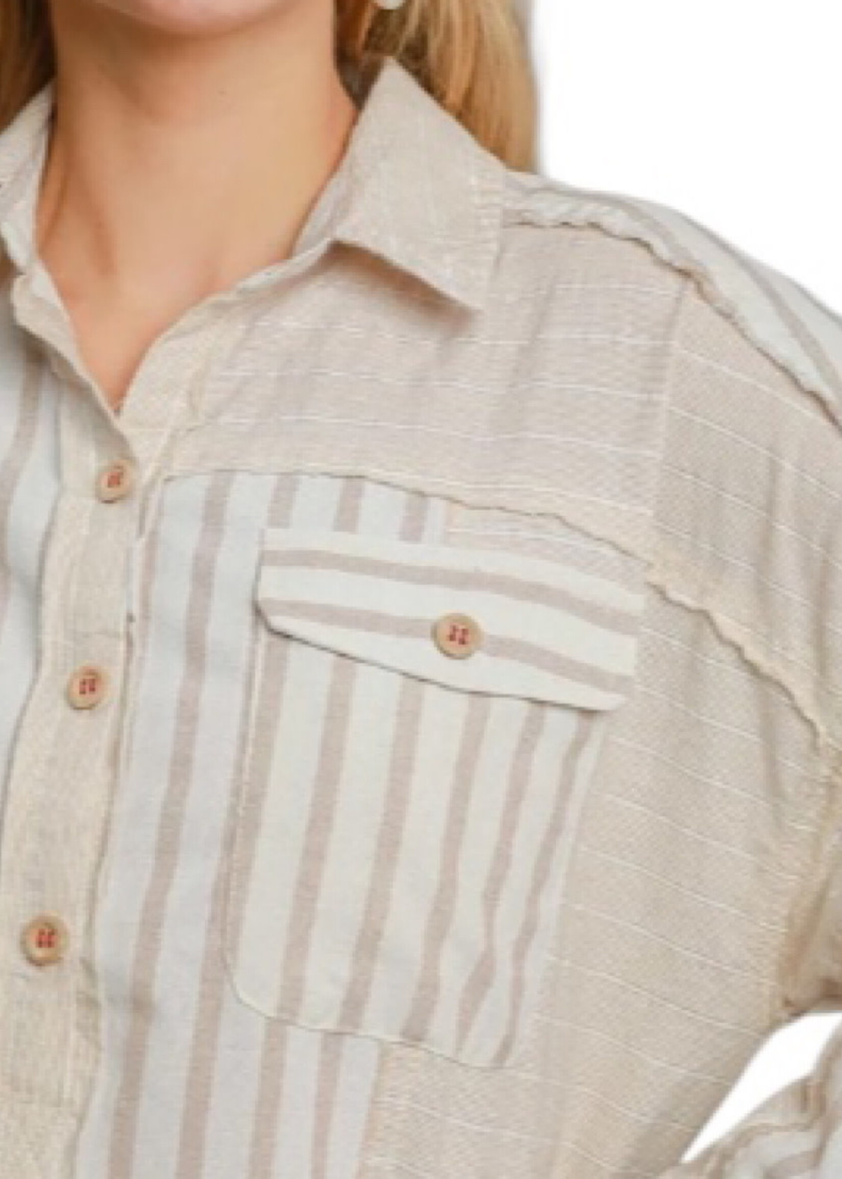 Tan Colorblocked Half Button Down Shirt