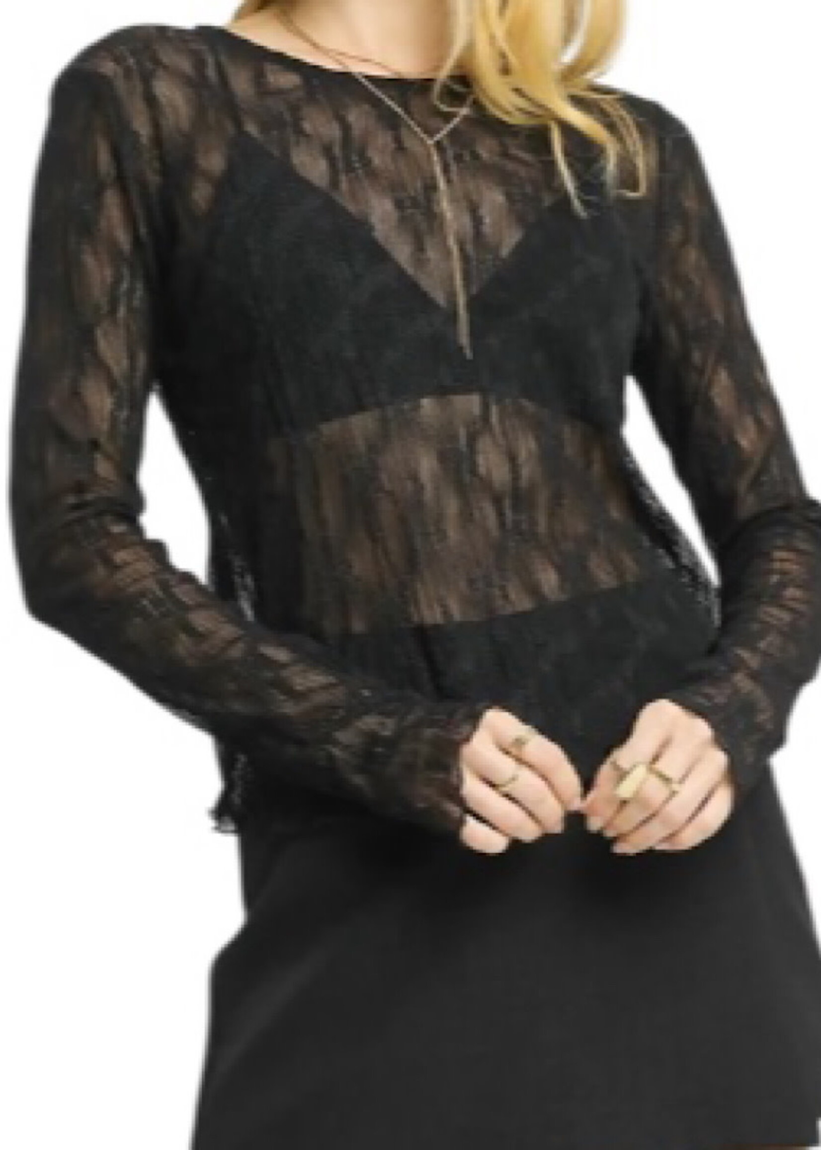 Black Lace Textured Long Sleeve Top