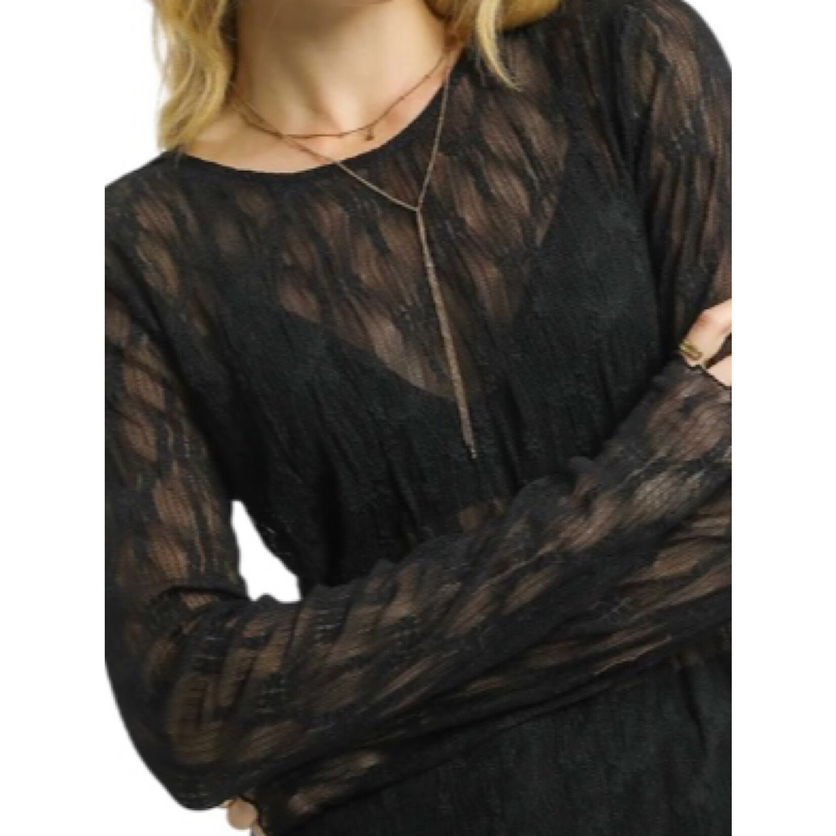 Black Lace Textured Long Sleeve Top