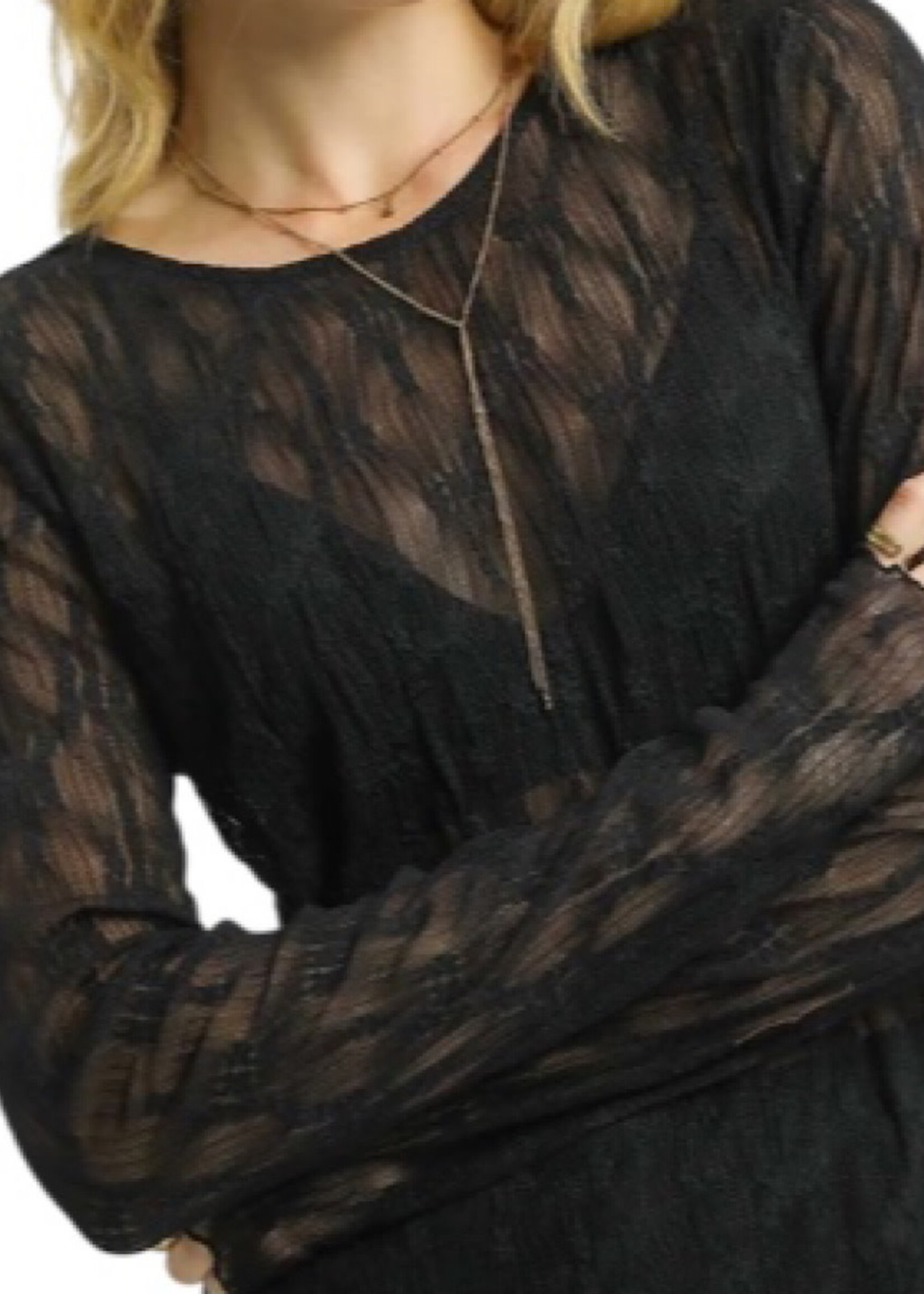 Black Lace Textured Long Sleeve Top