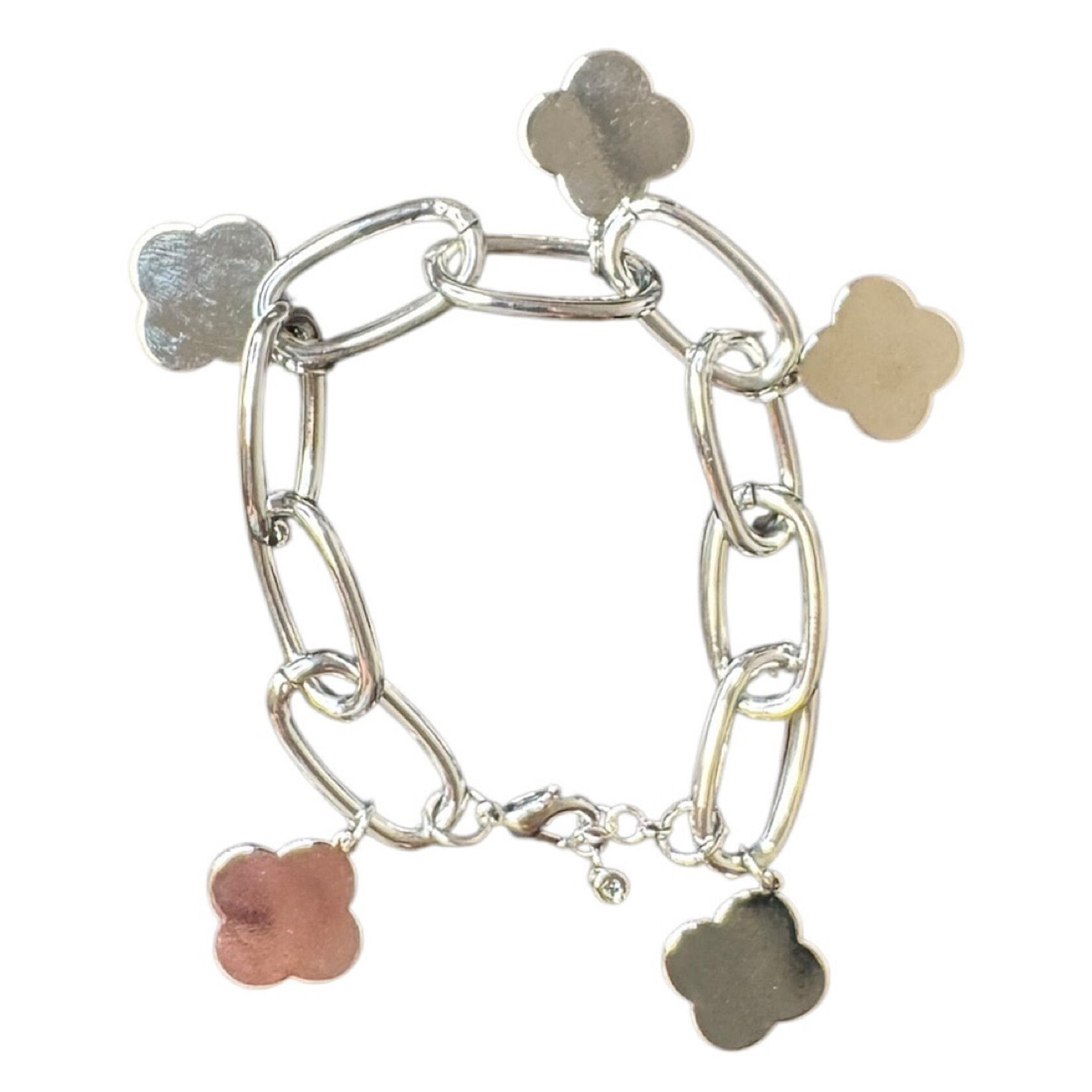 White Gold Dipped Paperclip Bracelet With Clover Charms