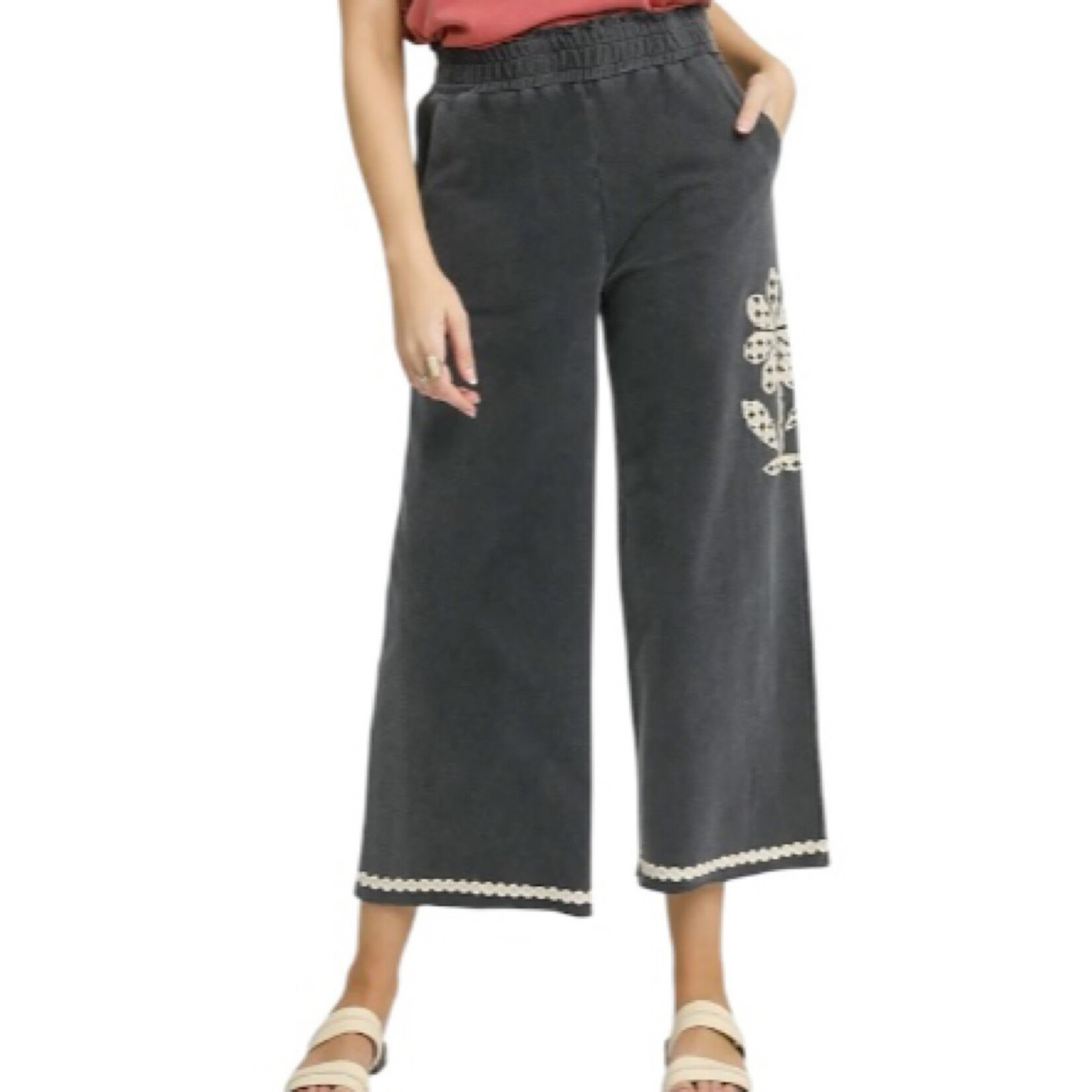 Charcoal Flower Patched Wide Leg Cropped Pants
