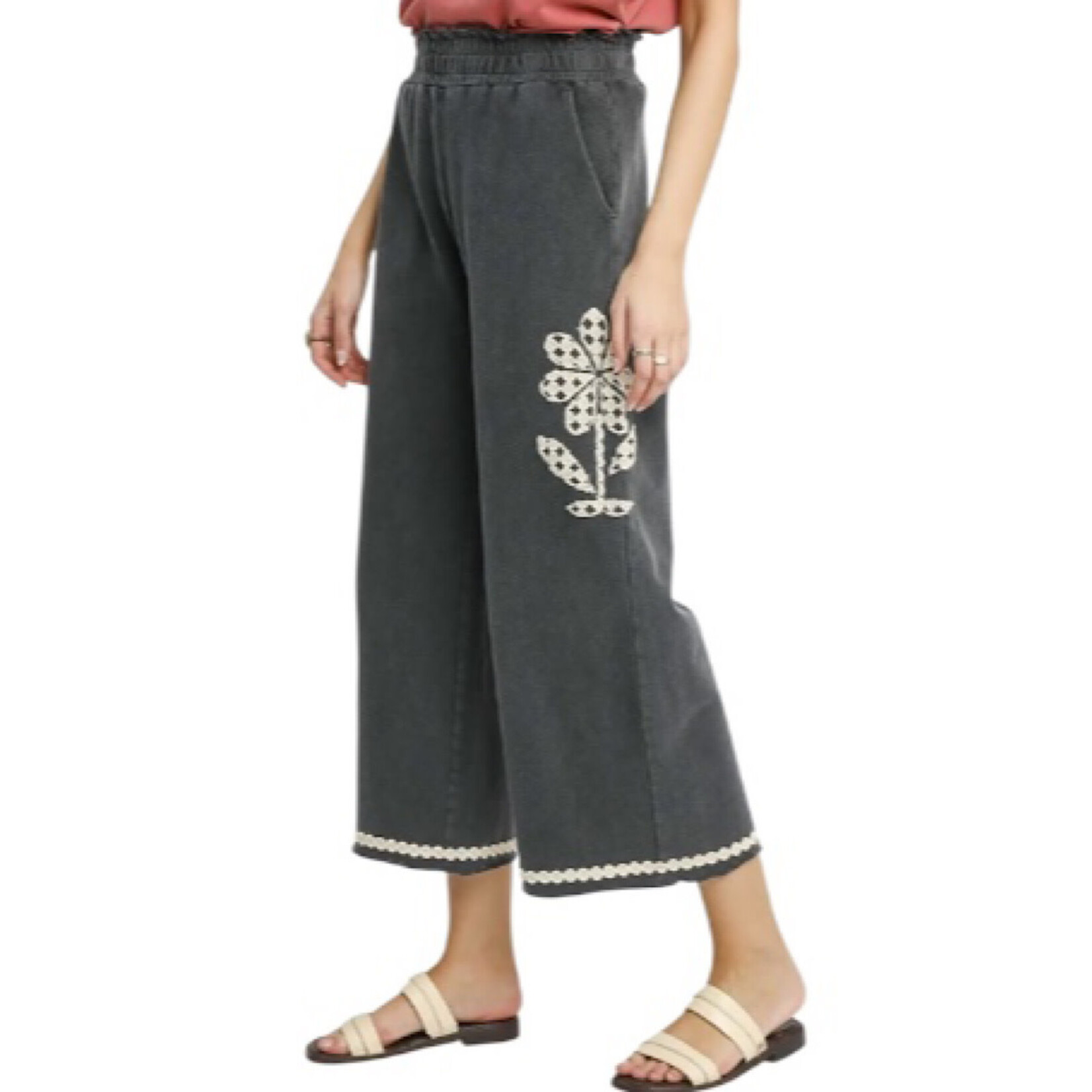 Charcoal Flower Patched Wide Leg Cropped Pants