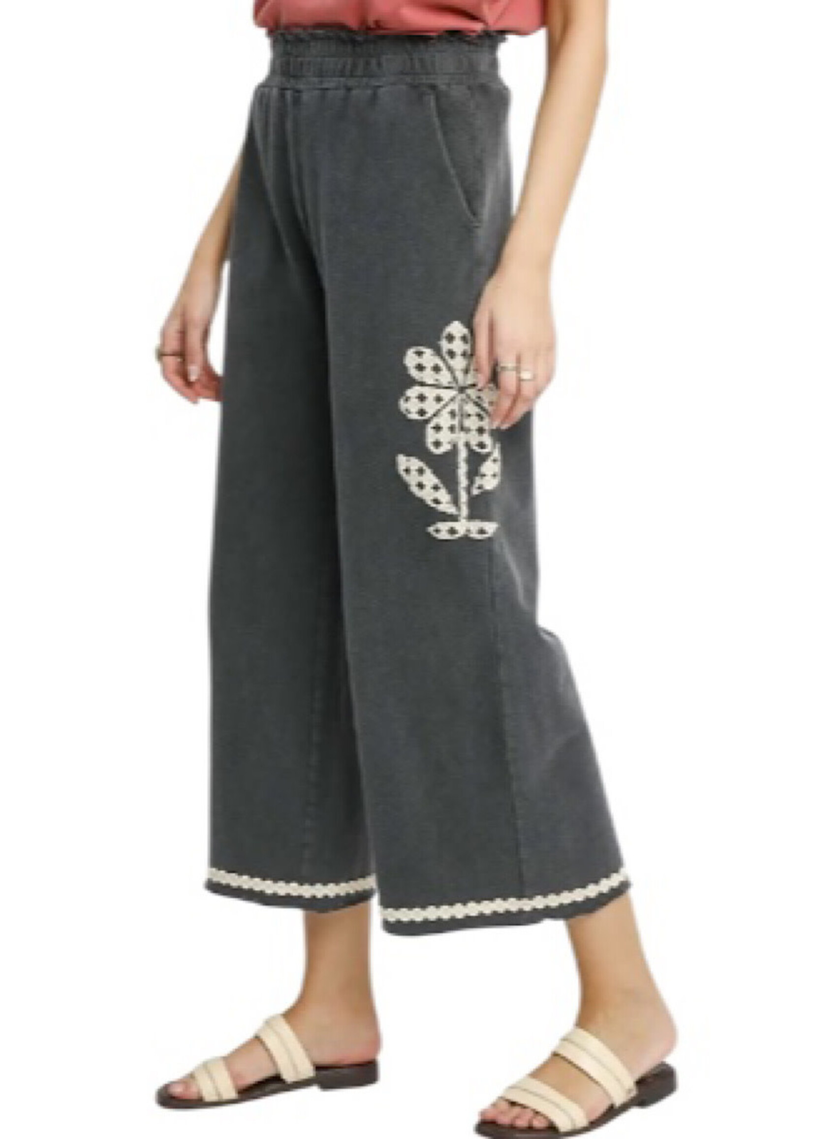 Charcoal Flower Patched Wide Leg Cropped Pants