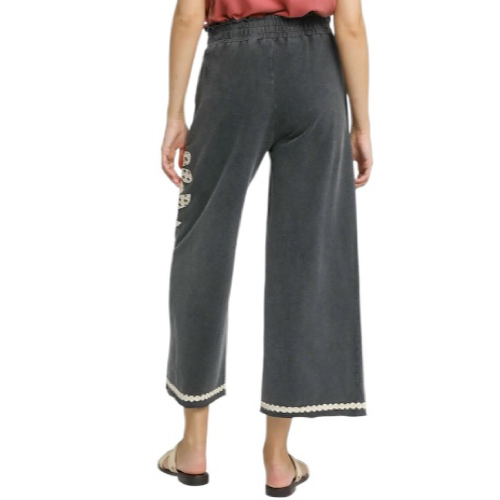 Charcoal Flower Patched Wide Leg Cropped Pants