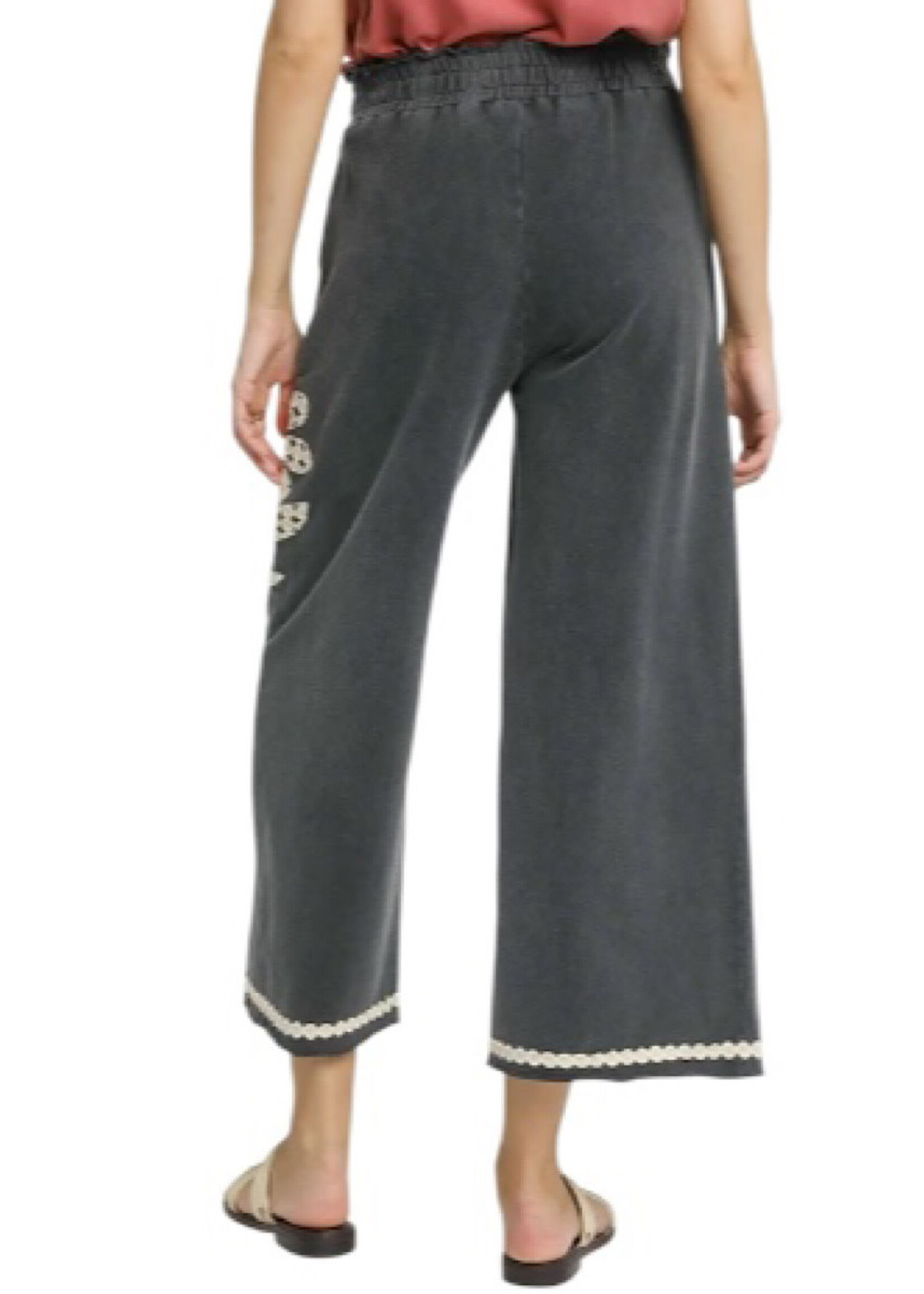 Charcoal Flower Patched Wide Leg Cropped Pants