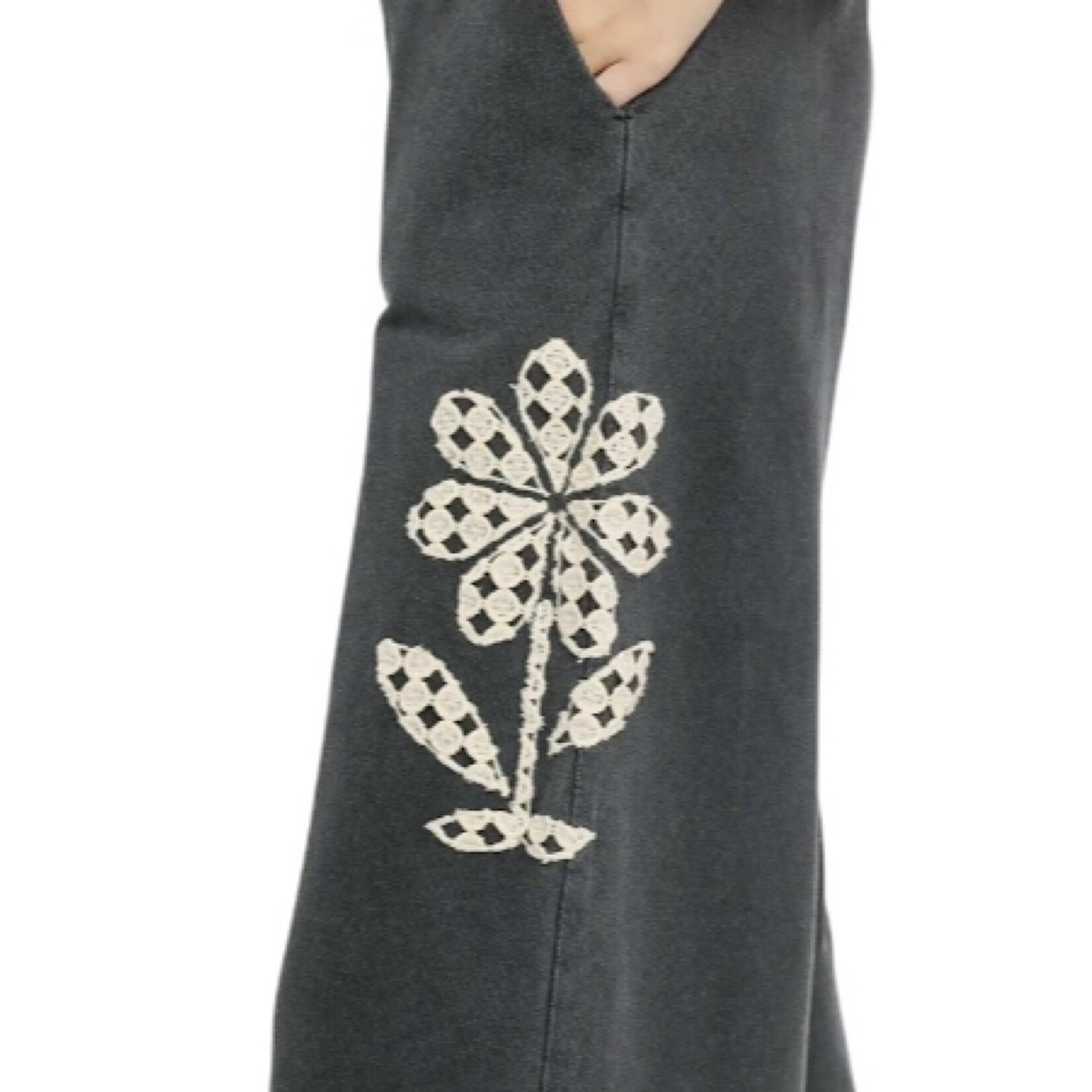 Charcoal Flower Patched Wide Leg Cropped Pants