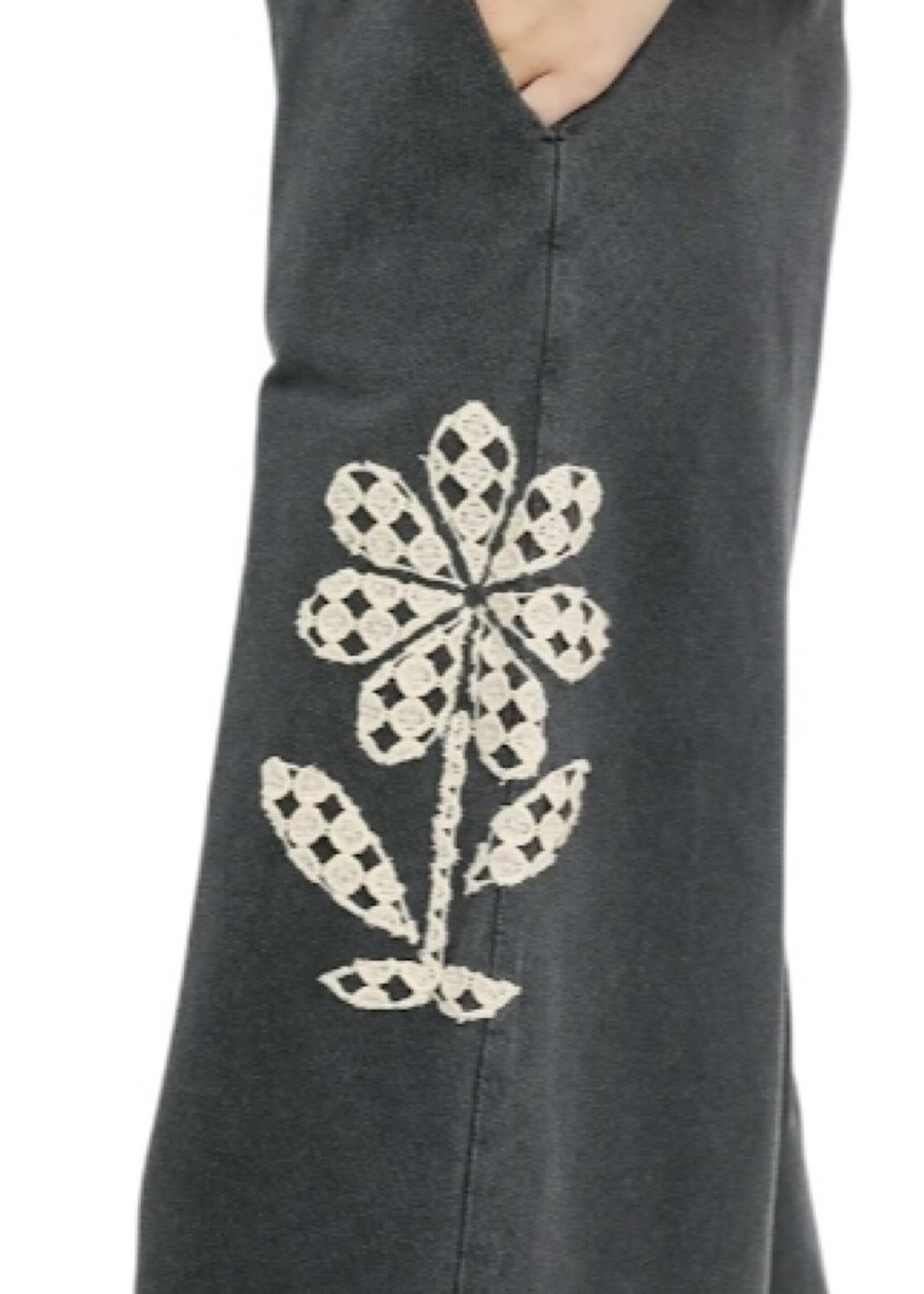 Charcoal Flower Patched Wide Leg Cropped Pants
