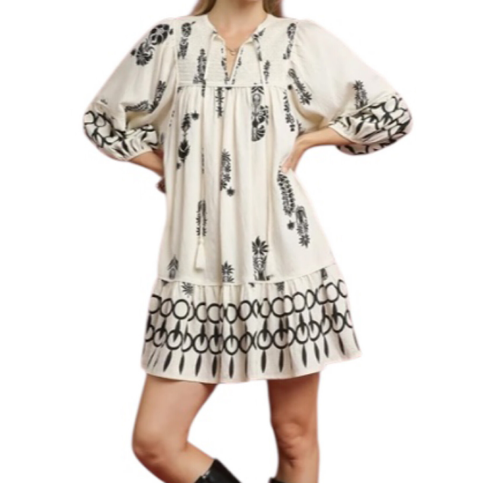 Cream Boarder Print Mini Dress with Tassels