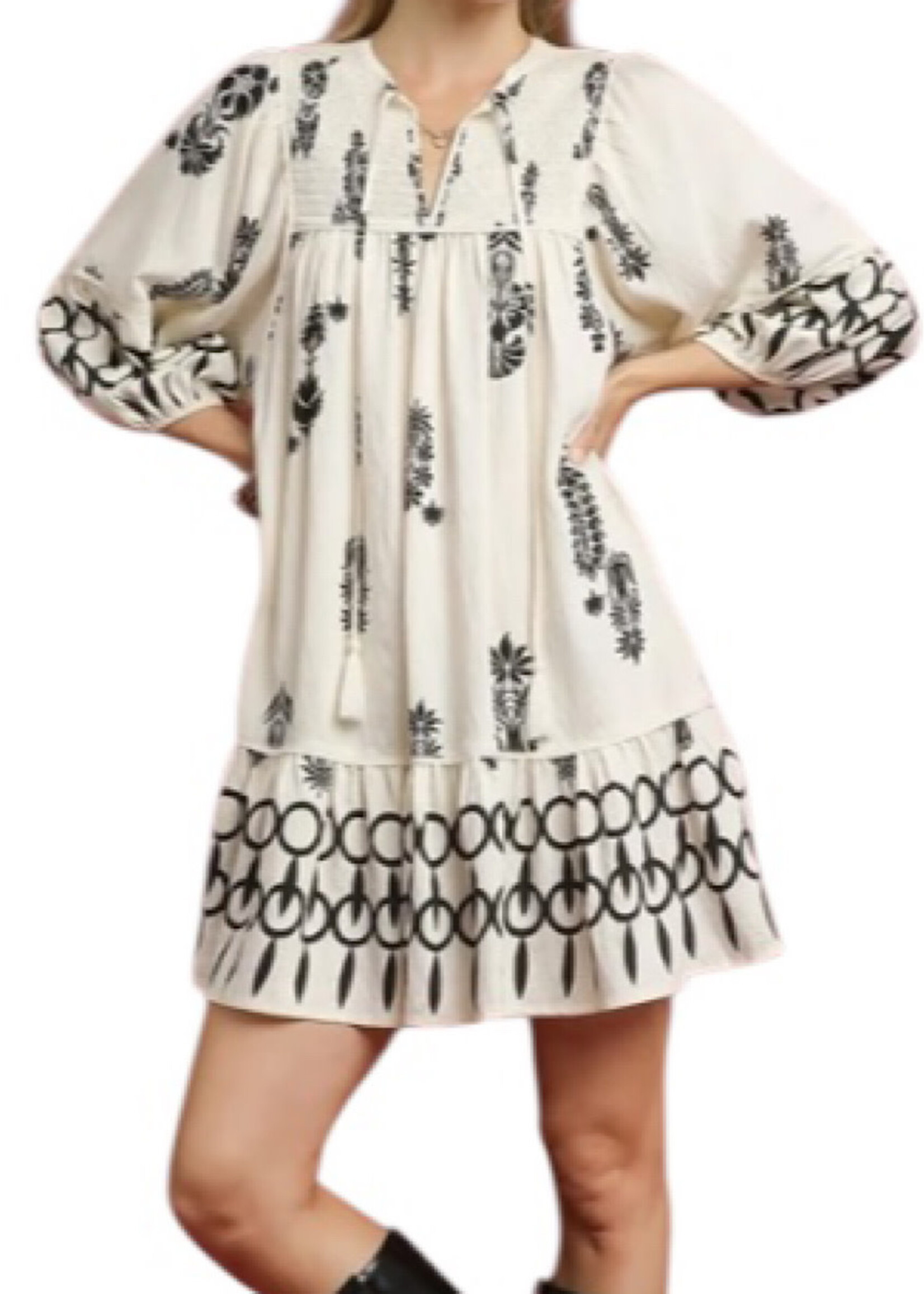 Cream Boarder Print Mini Dress with Tassels