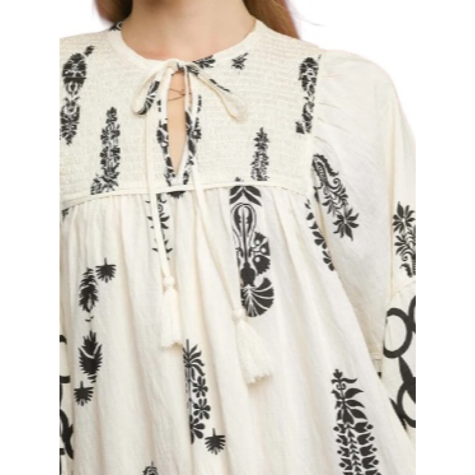 Cream Boarder Print Mini Dress with Tassels