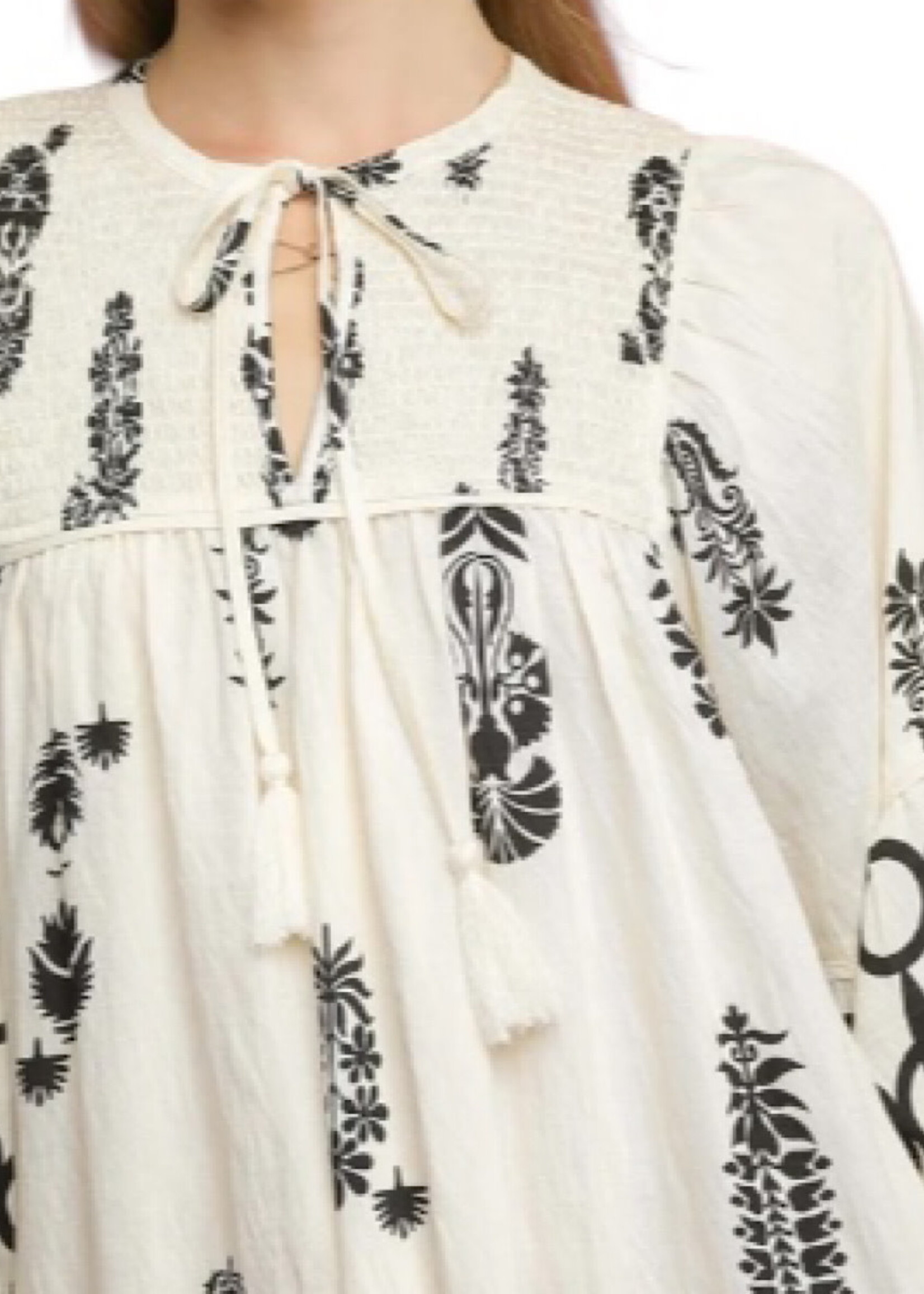 Cream Boarder Print Mini Dress with Tassels