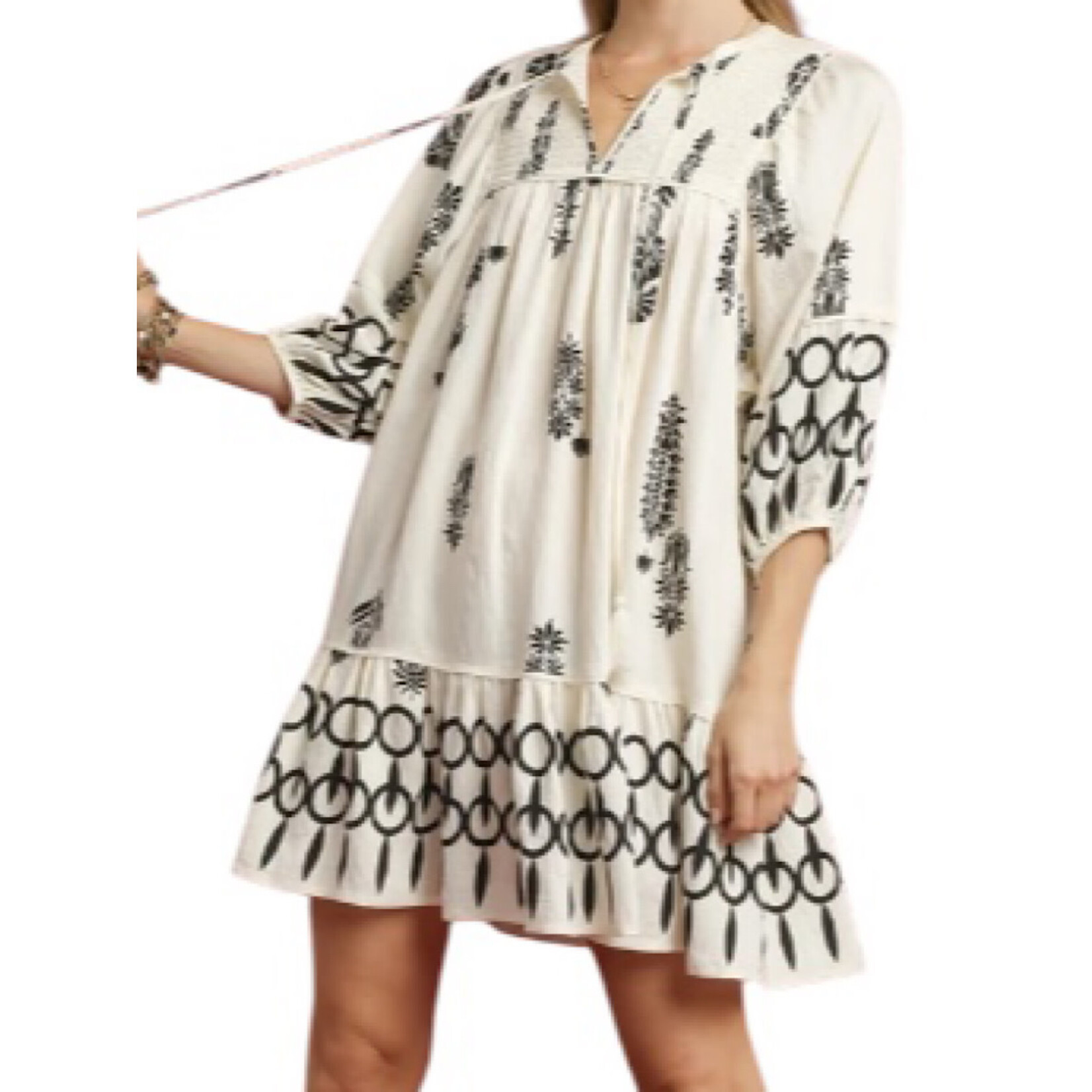 Cream Boarder Print Mini Dress with Tassels