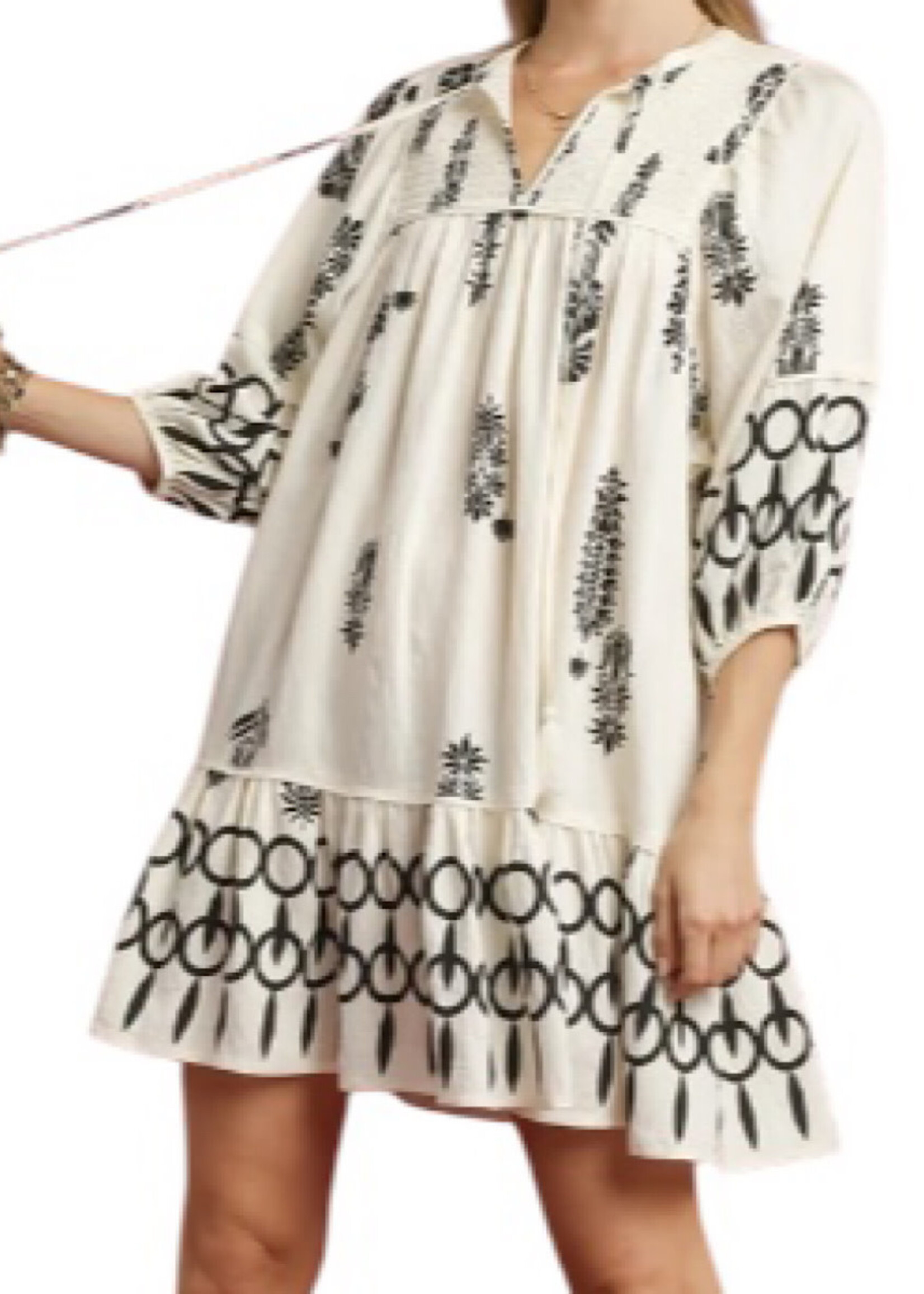 Cream Boarder Print Mini Dress with Tassels
