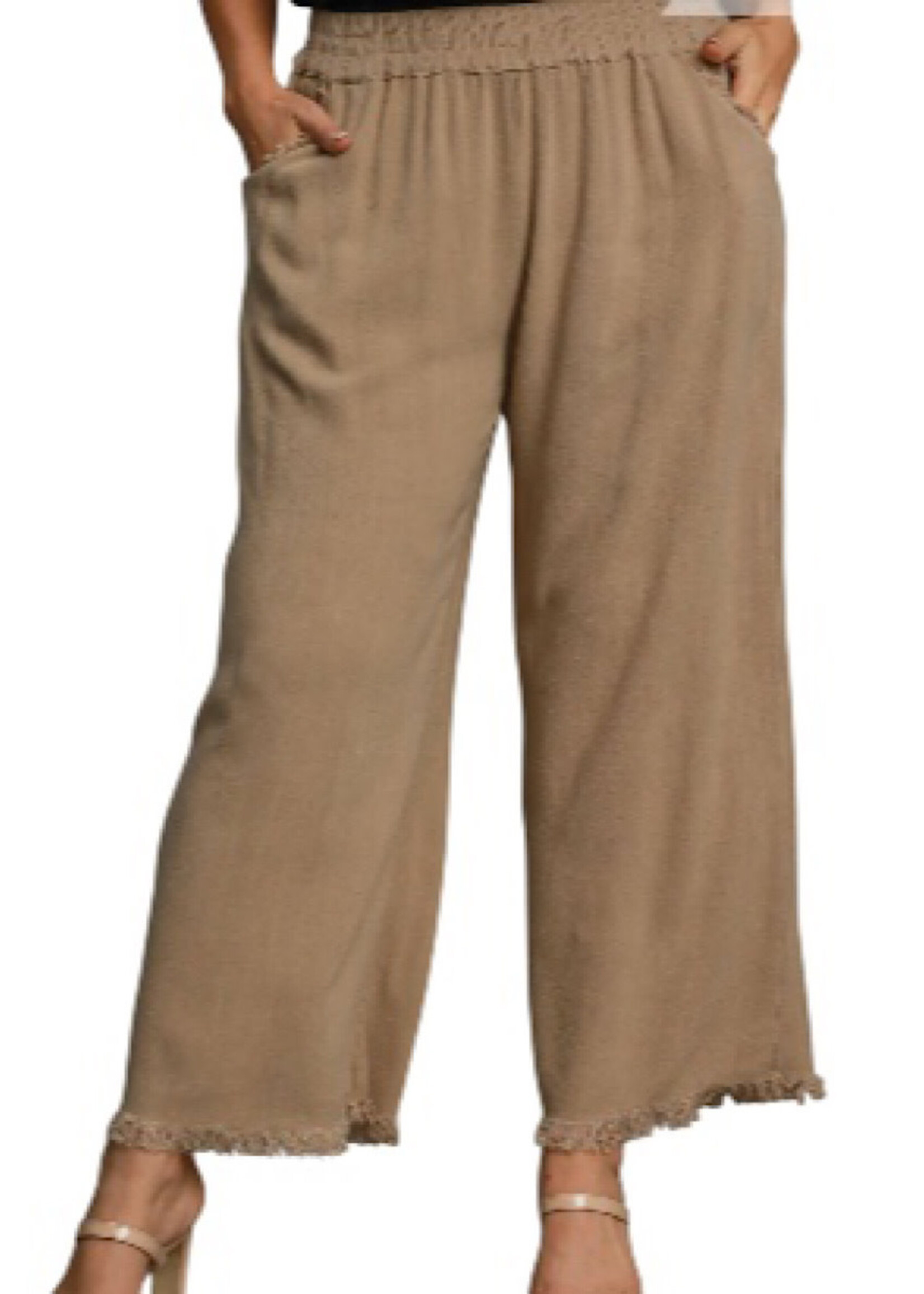Latte Linen Frayed Hem Wide Leg Pants