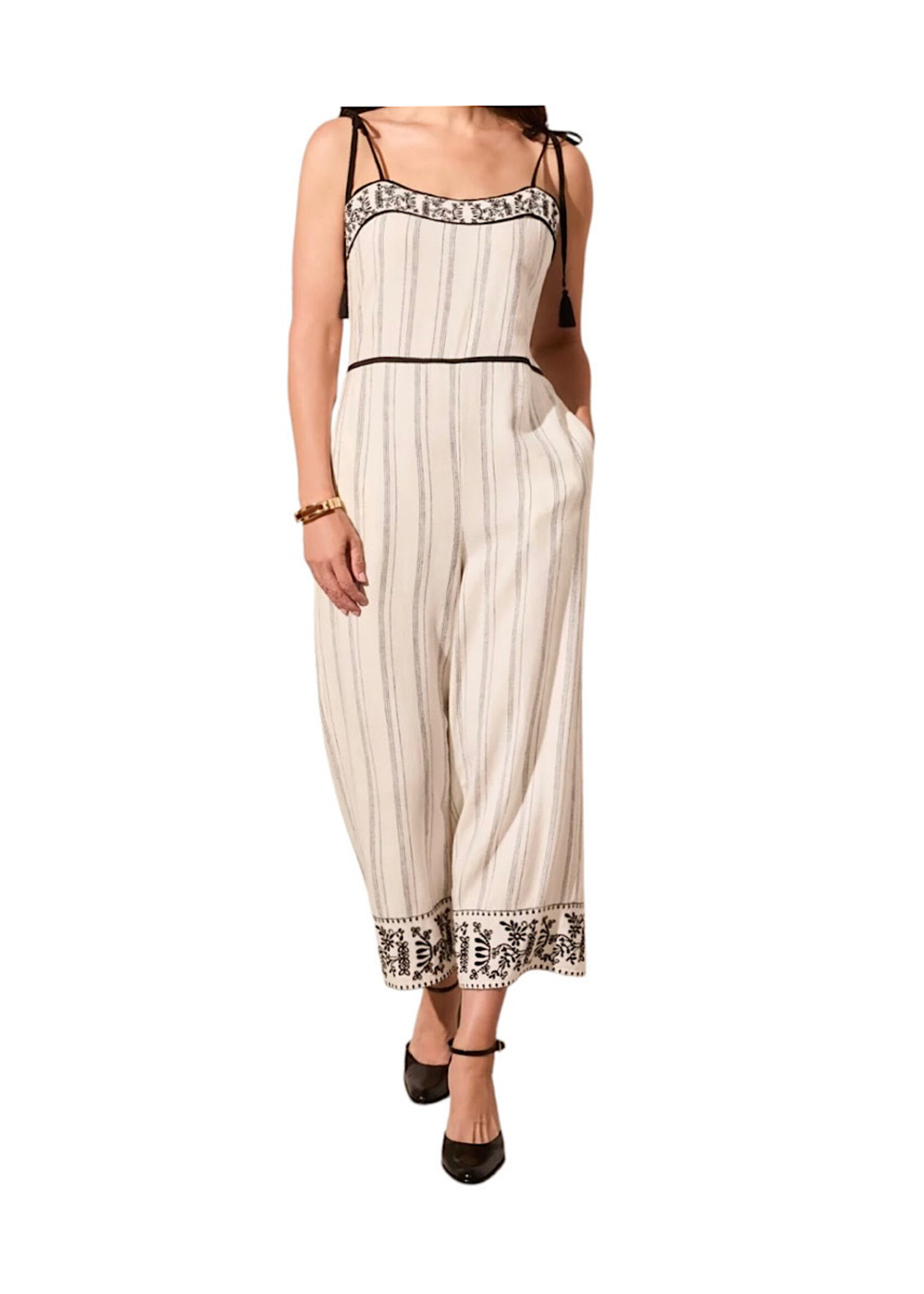 Tribal Embroidered Striped Wide Leg Jumpsuit Small