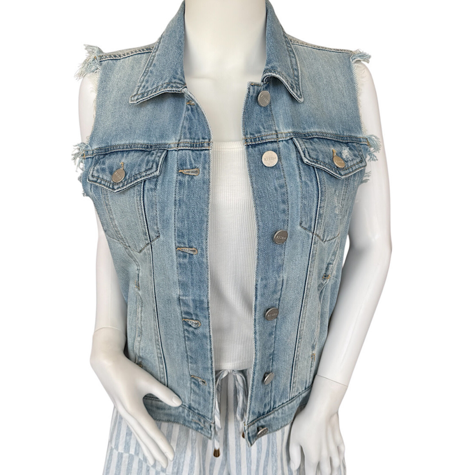 Risen Distressed Sleeveless Jean Jacket Size Small