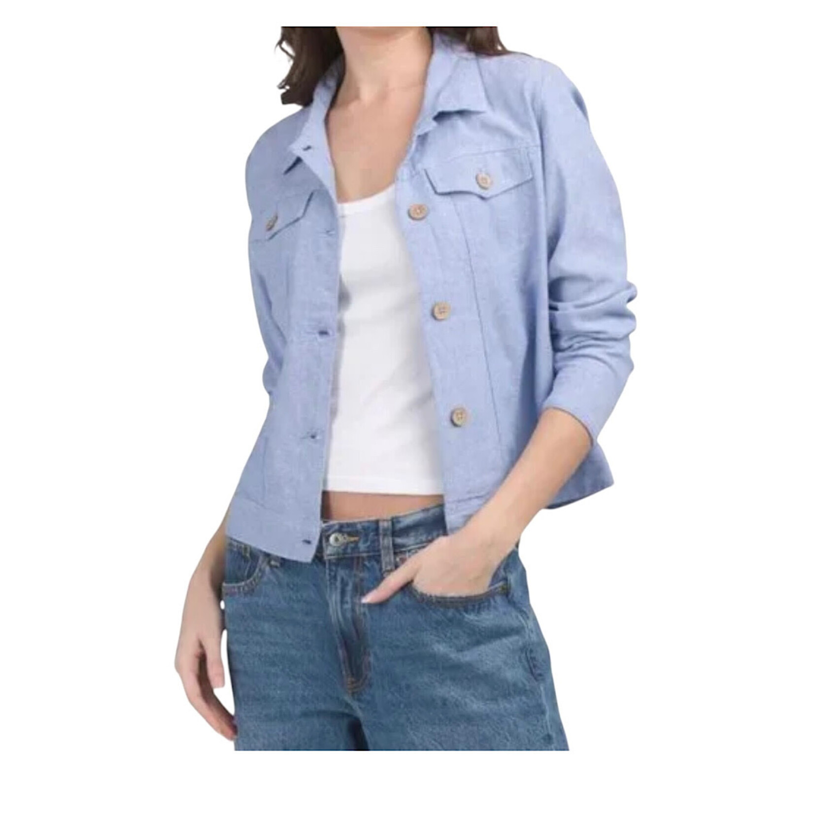 Light Blue Chambray Linen Jean Style Jacket