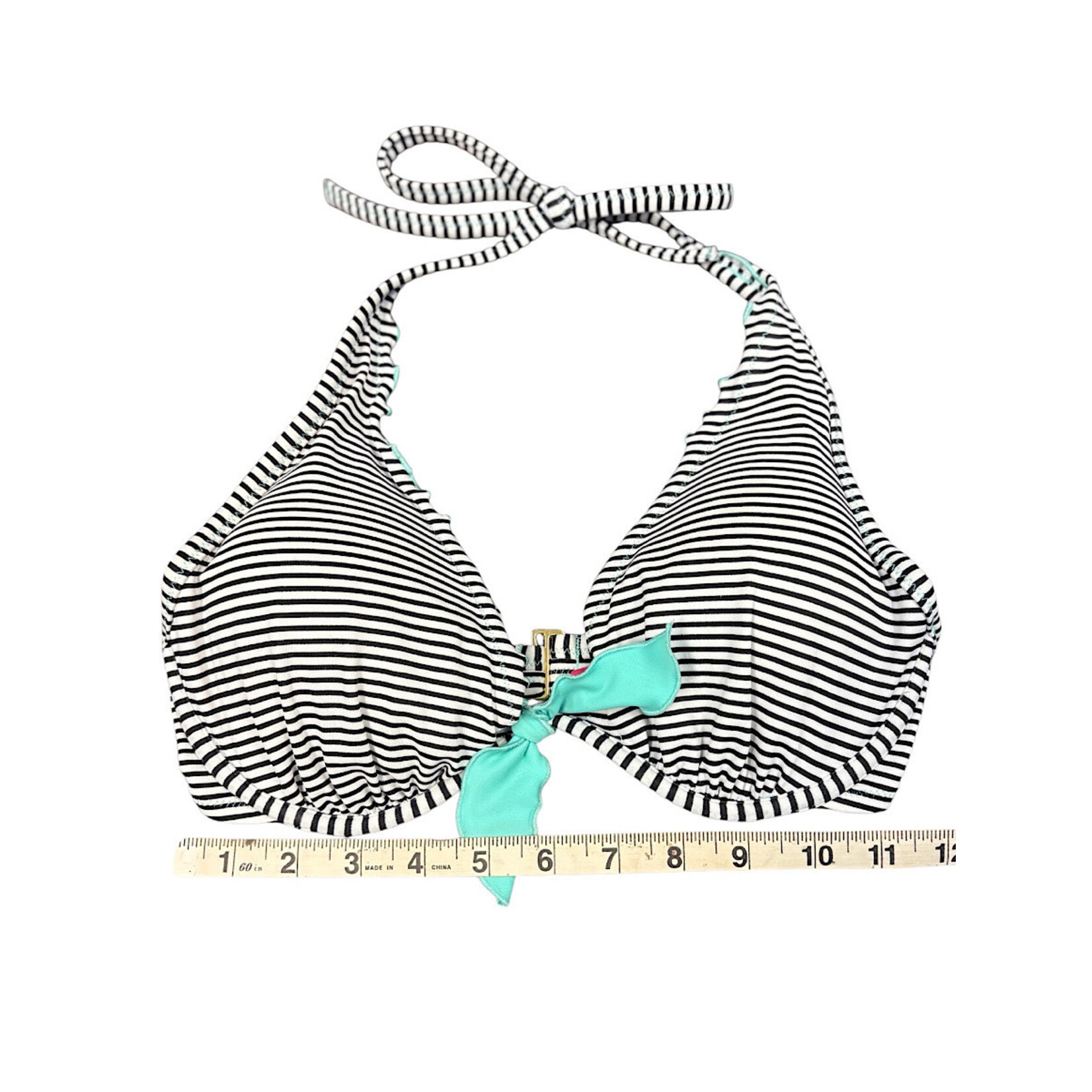 Victoria's Secret Black & White Stripe Bikini Top with Turquoise Bow Size 32DD-RF