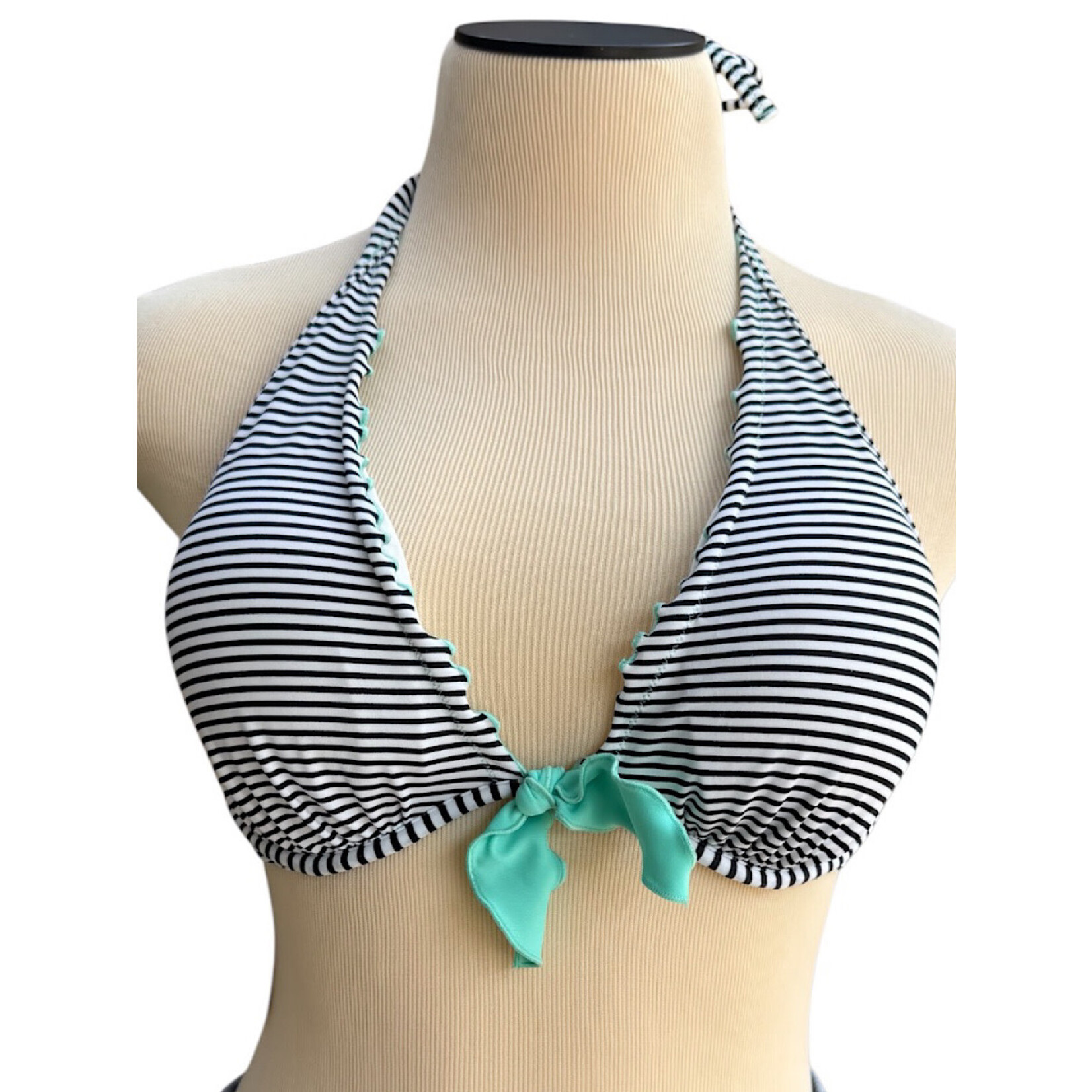 Victoria's Secret Black & White Stripe Bikini Top with Turquoise Bow Size 32DD-RF