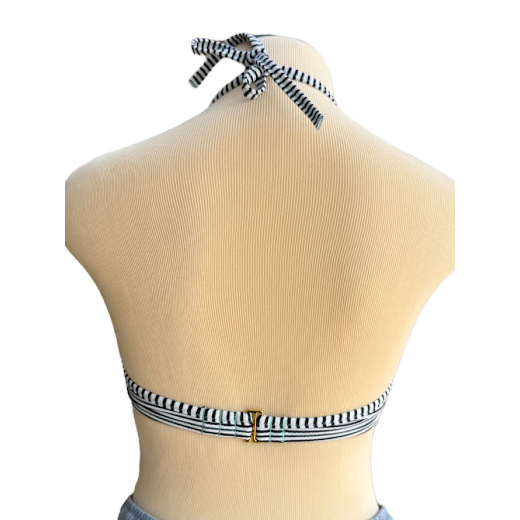 Victoria's Secret Black & White Stripe Bikini Top with Turquoise Bow Size 32DD-RF