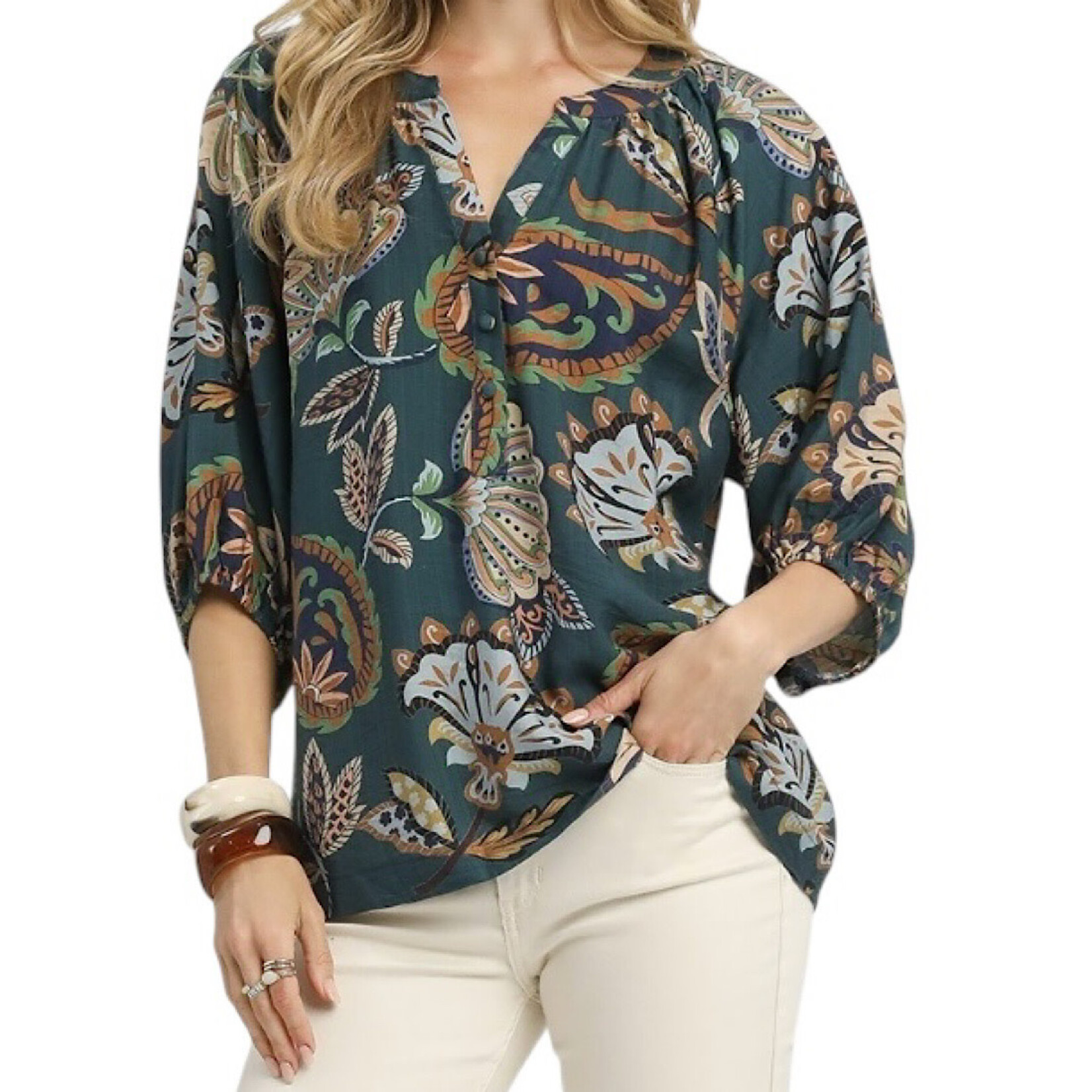 Teal V-Neck Paisley Blouse