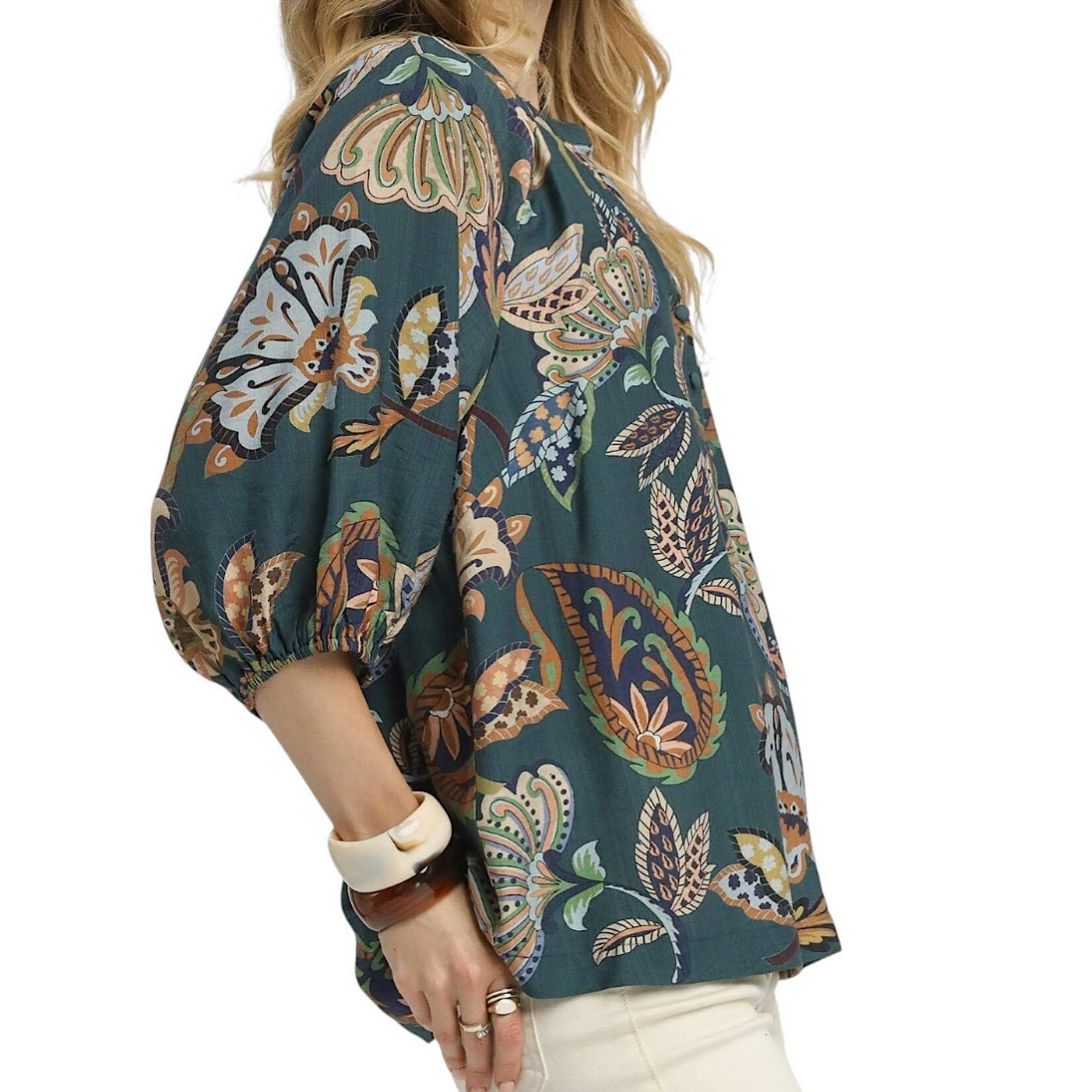 Teal V-Neck Paisley Blouse
