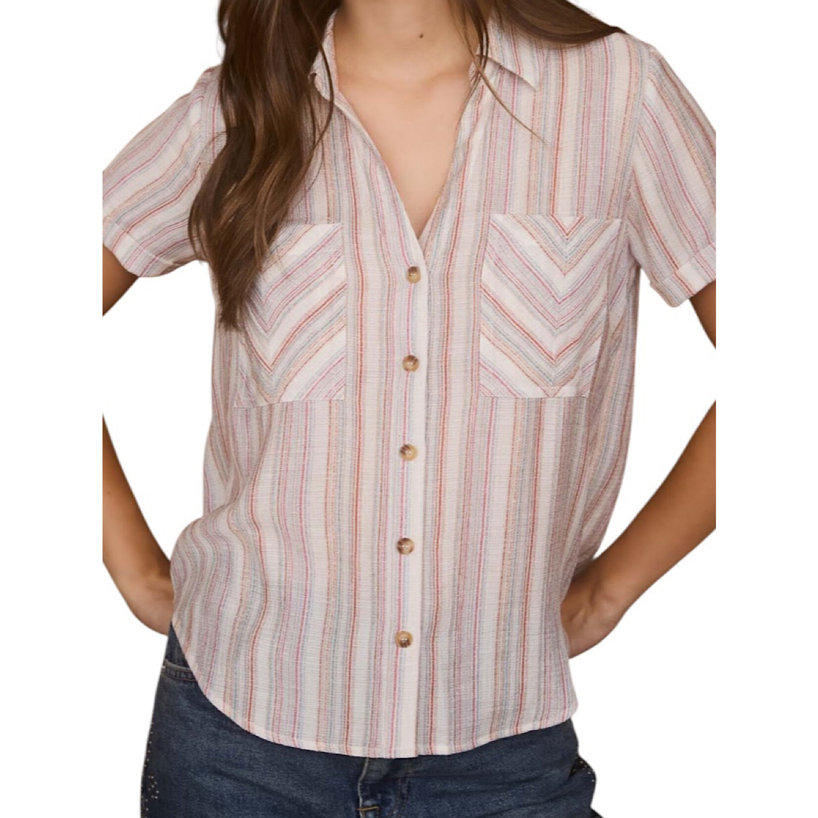 Natural Multicolor Stripe Short Sleeve Button Down Top