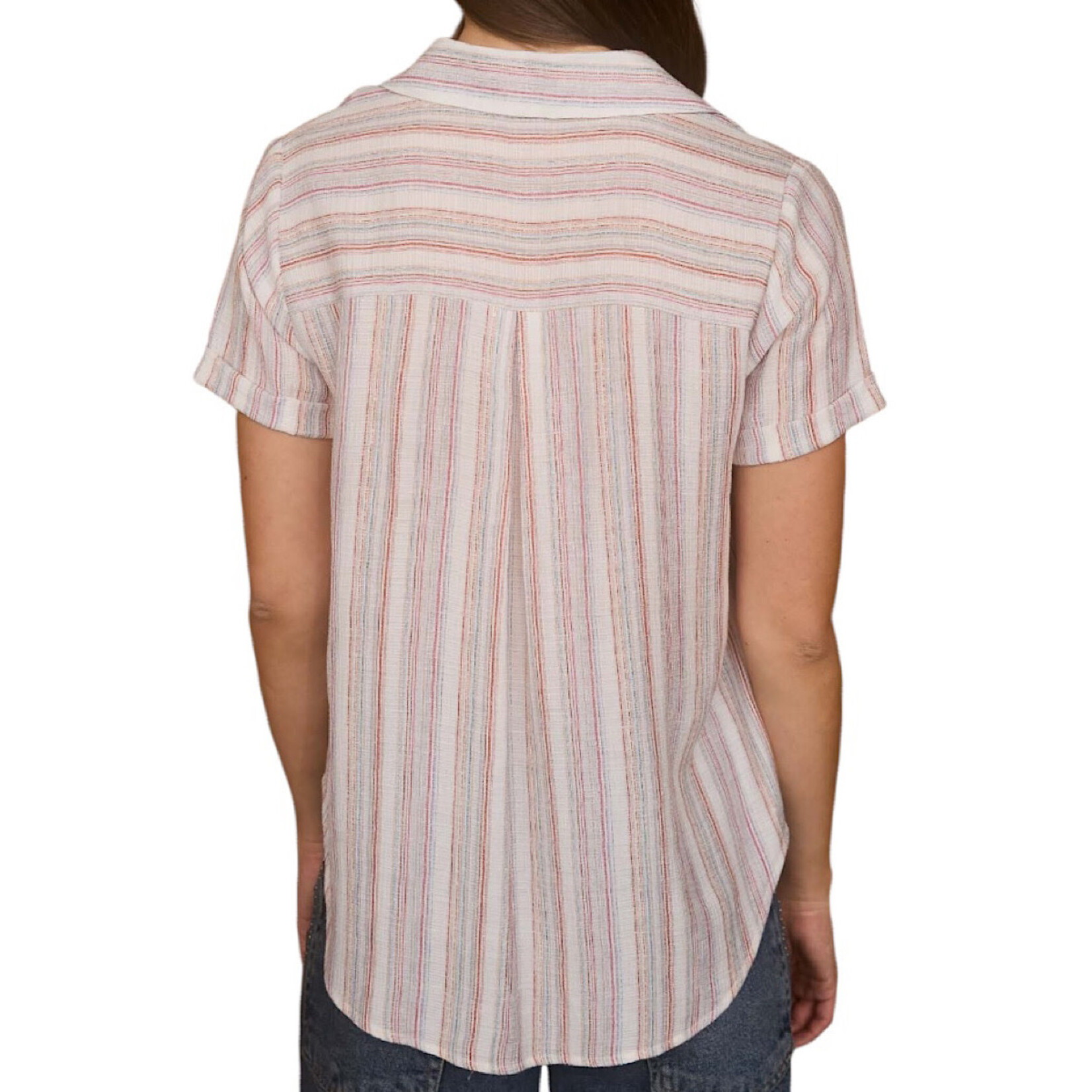 Natural Multicolor Stripe Short Sleeve Button Down Top