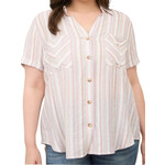 Plus Natural Multicolor Stripe Short Sleeve Button Down Top