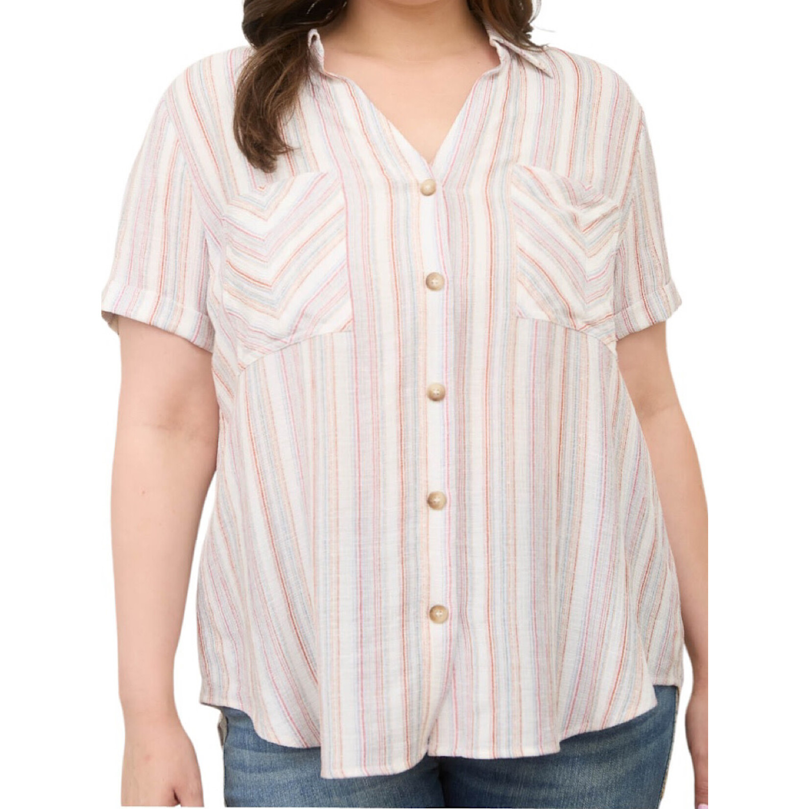 Plus Natural Multicolor Stripe Short Sleeve Button Down Top
