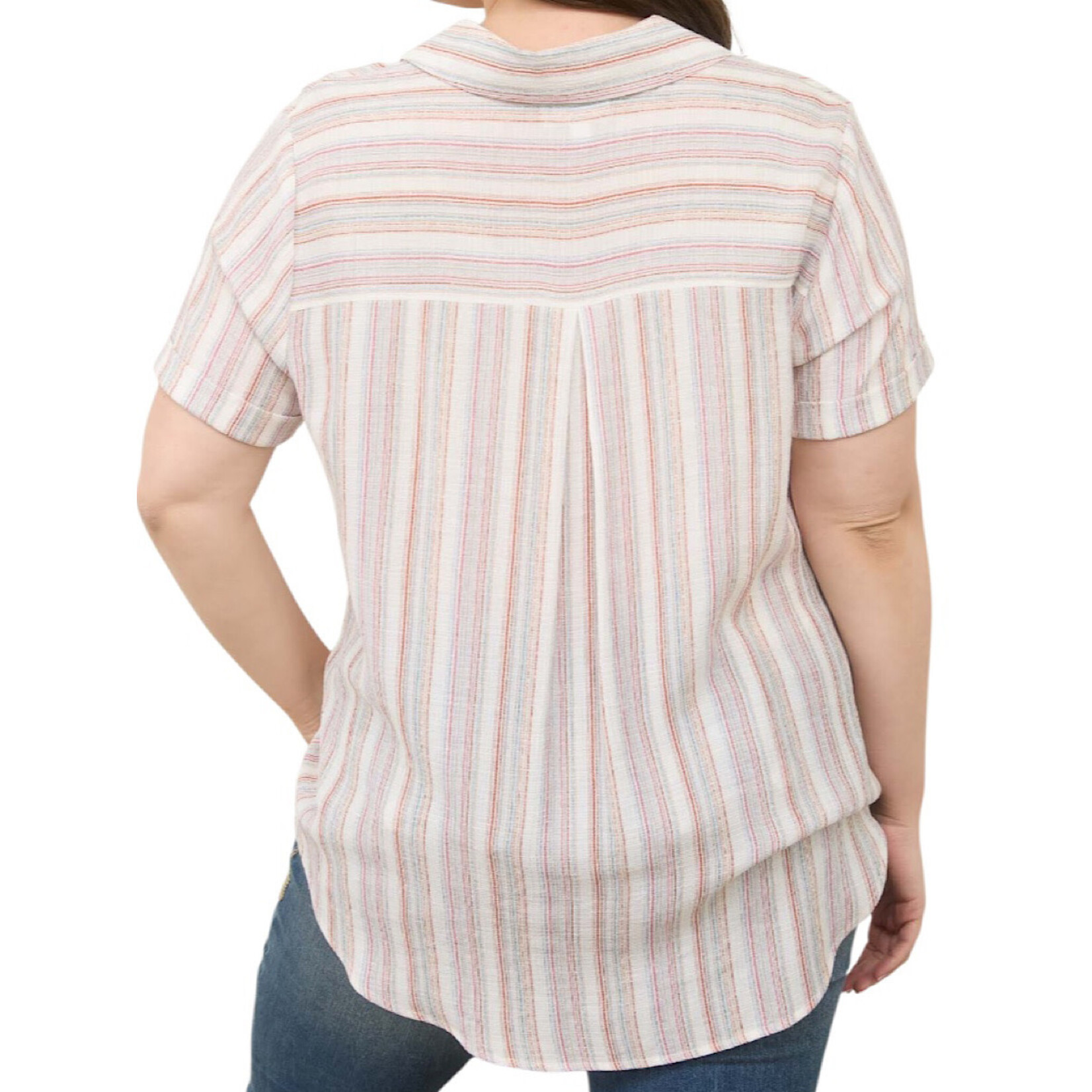 Plus Natural Multicolor Stripe Short Sleeve Button Down Top