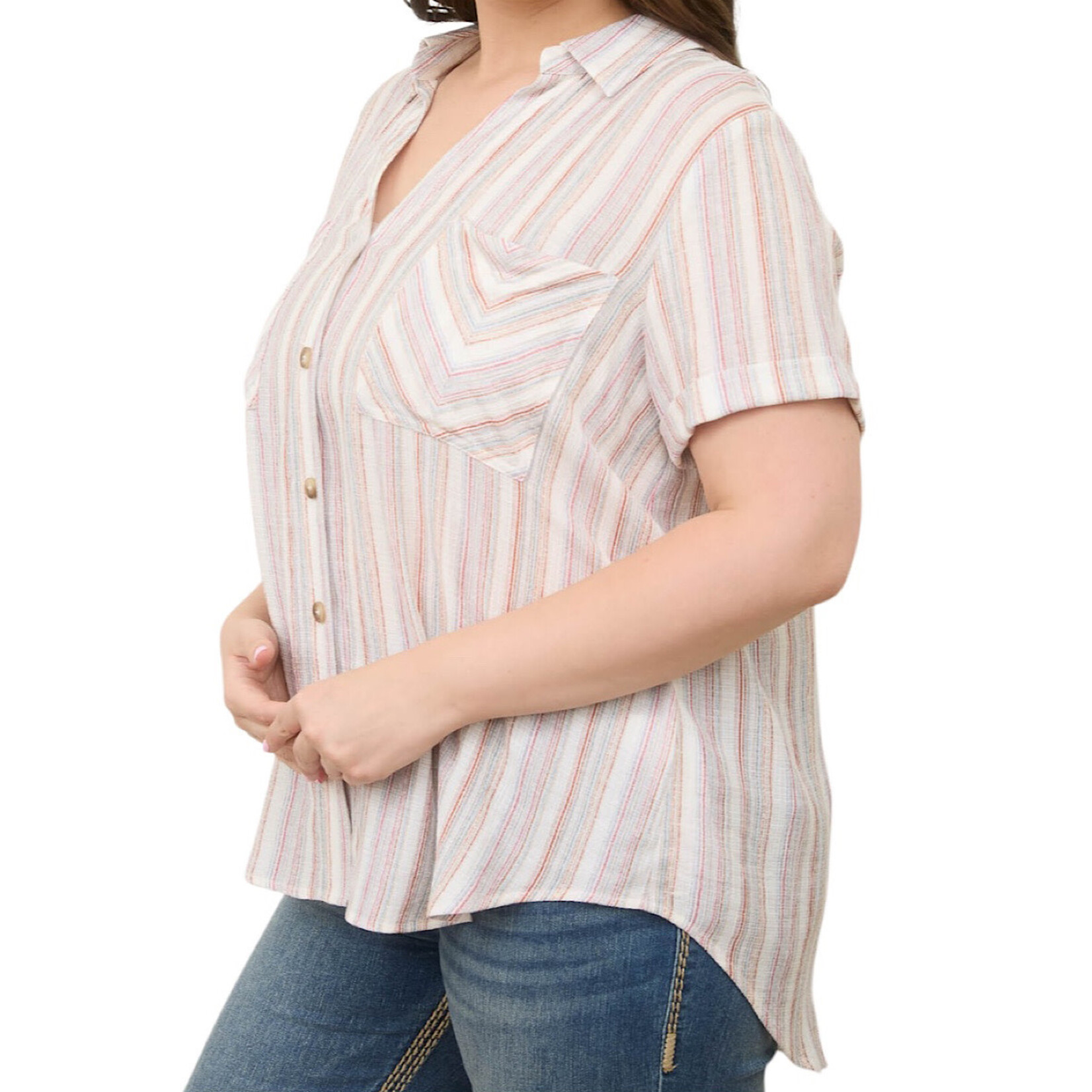 Plus Natural Multicolor Stripe Short Sleeve Button Down Top