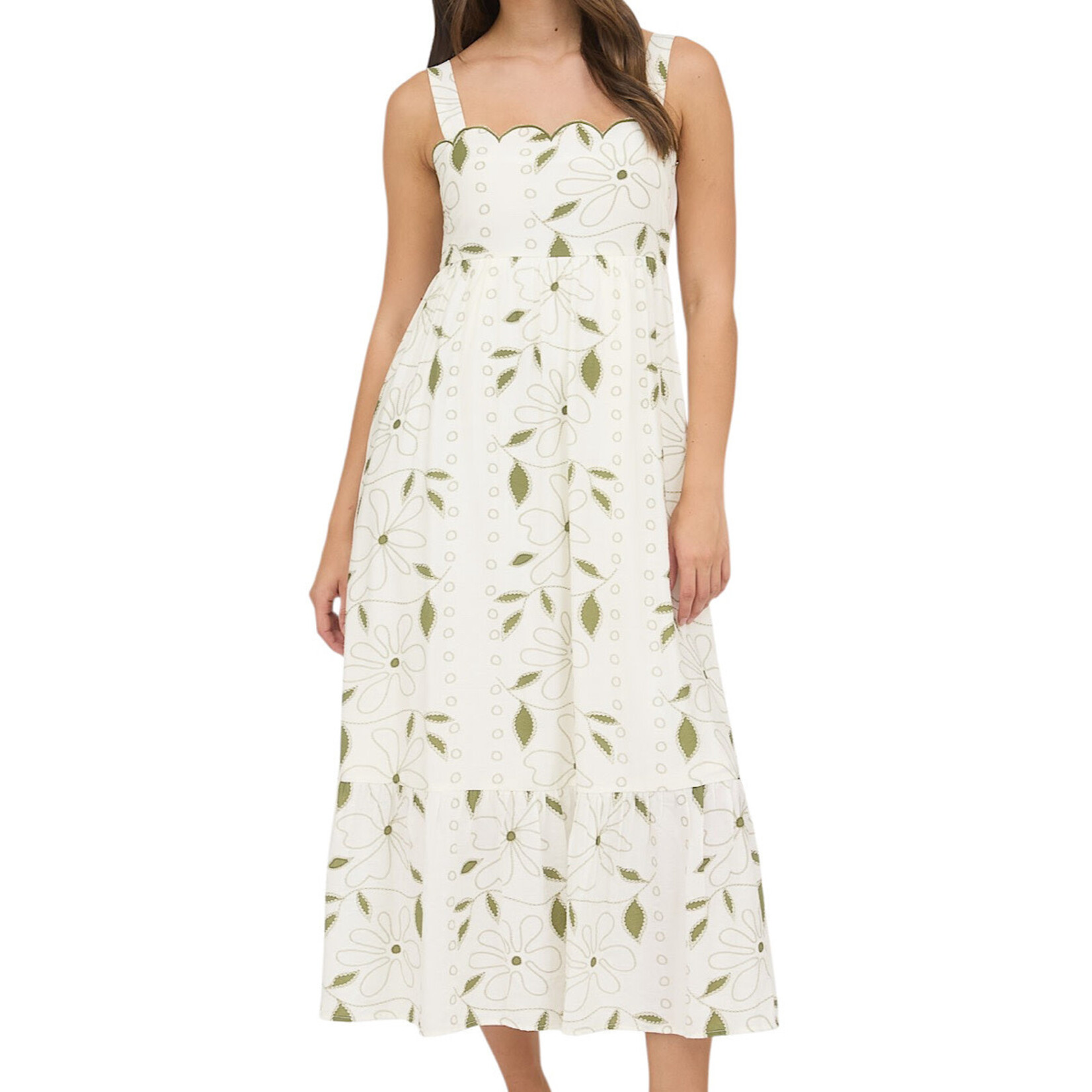 Moss Green Floral Embroidered Detail Scallop Trim Midi Dress