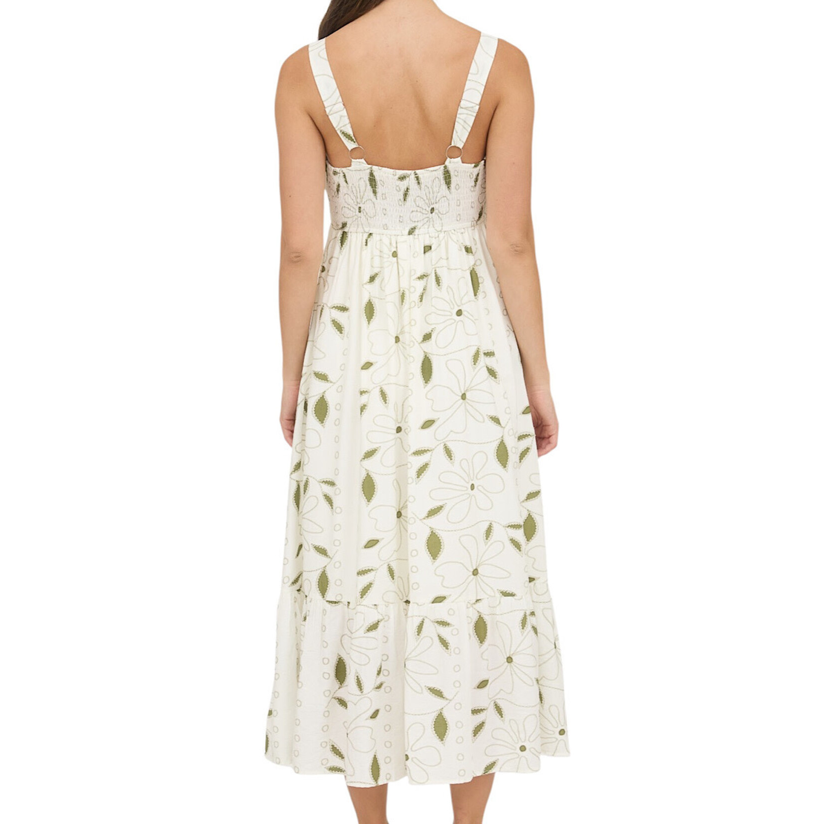 Moss Green Floral Embroidered Detail Scallop Trim Midi Dress