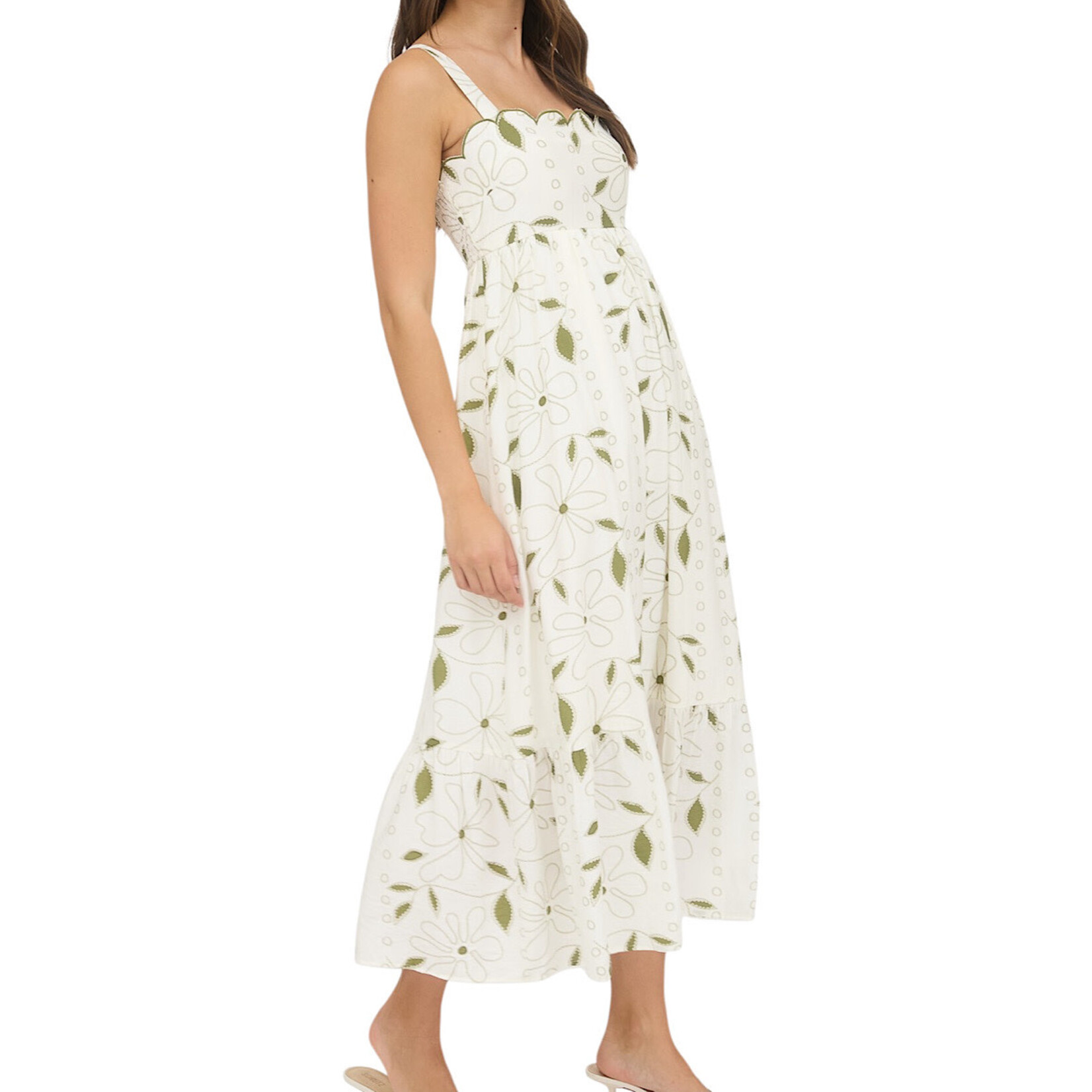 Moss Green Floral Embroidered Detail Scallop Trim Midi Dress