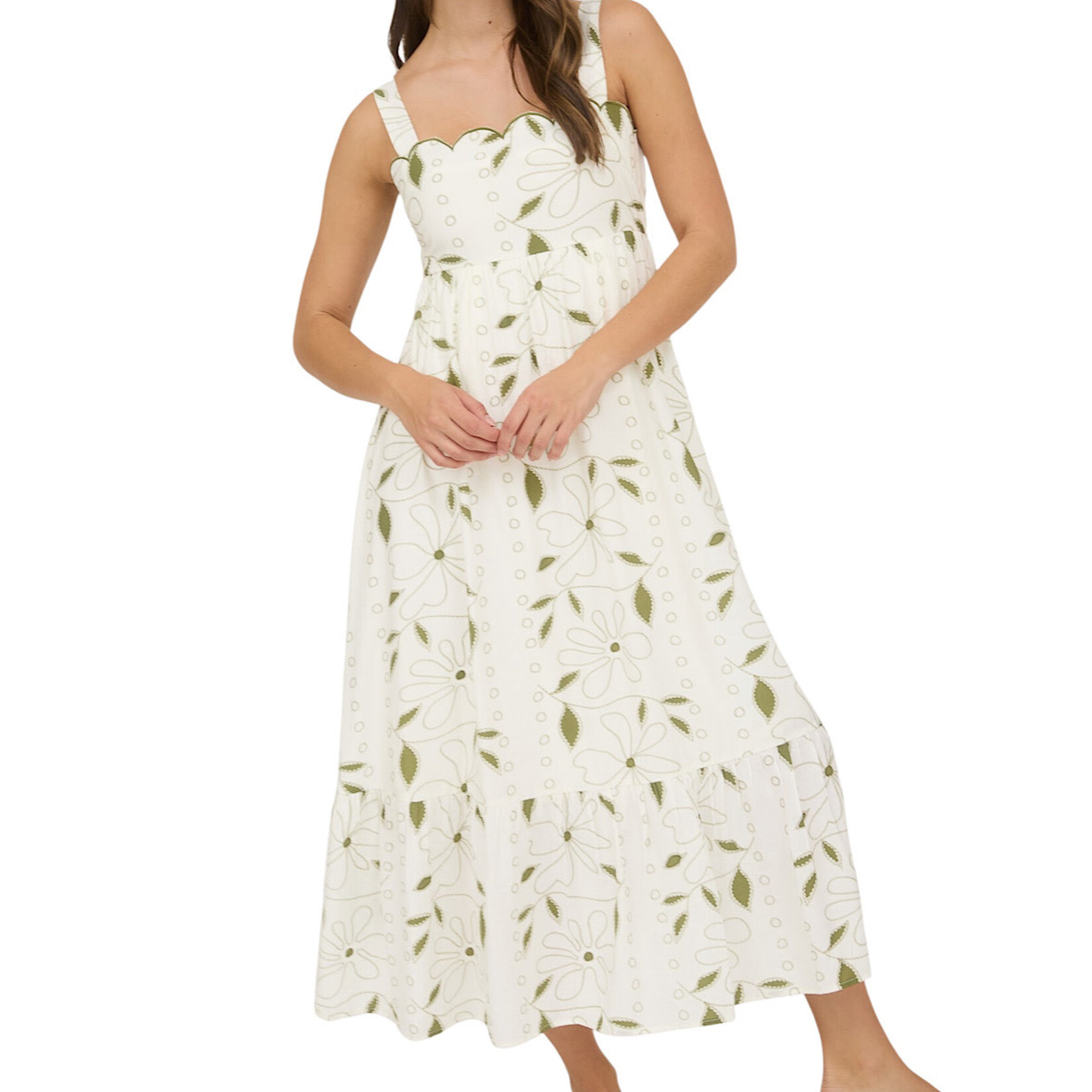 Moss Green Floral Embroidered Detail Scallop Trim Midi Dress