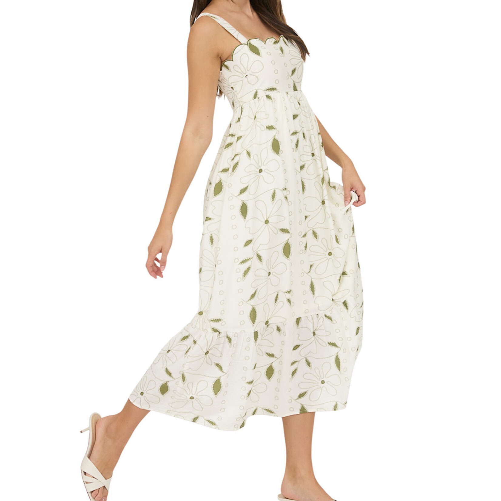 Moss Green Floral Embroidered Detail Scallop Trim Midi Dress