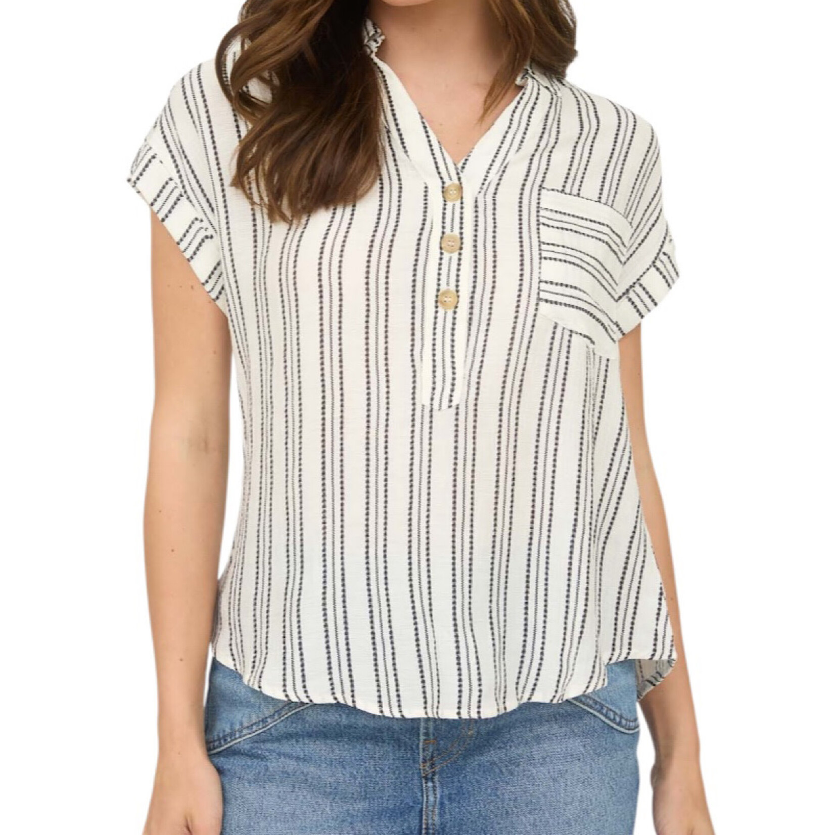 Cream Stripe Half Button Collared Short Sleeve Shirt