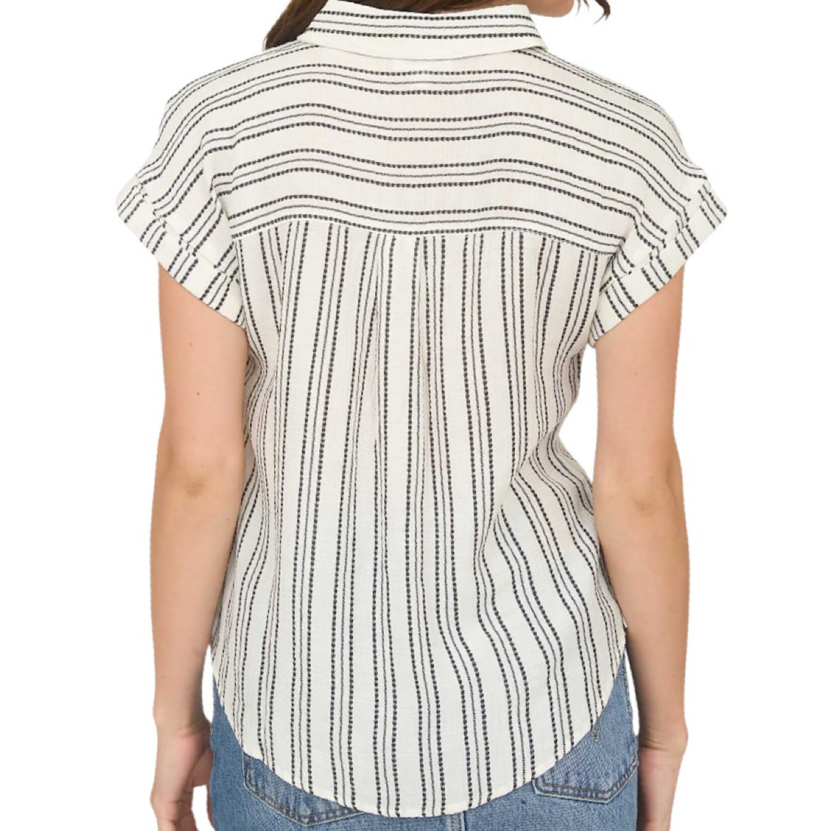 Cream Stripe Half Button Collared Short Sleeve Shirt