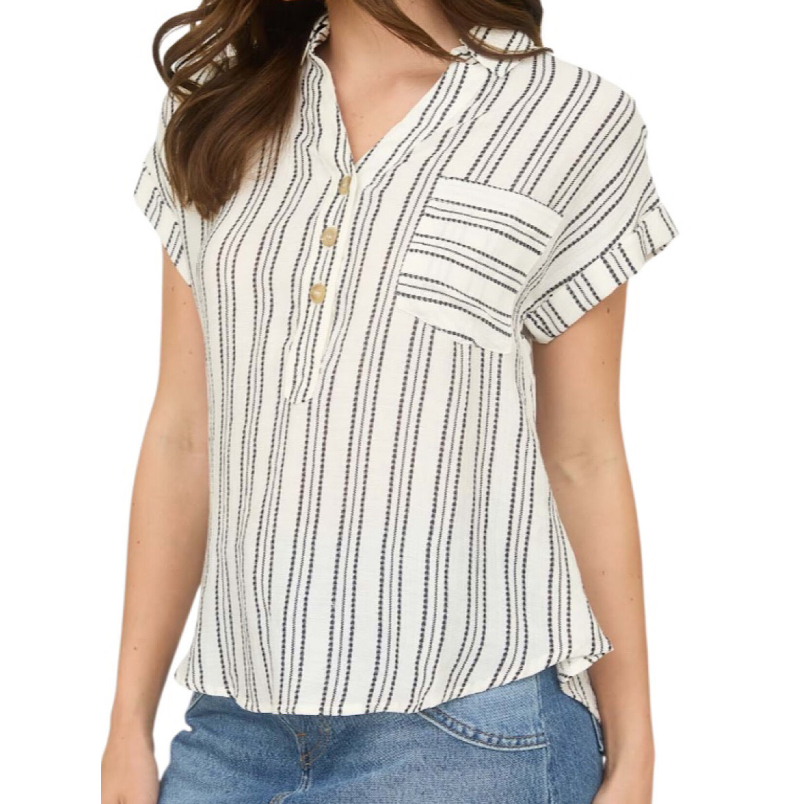 Cream Stripe Half Button Collared Short Sleeve Shirt