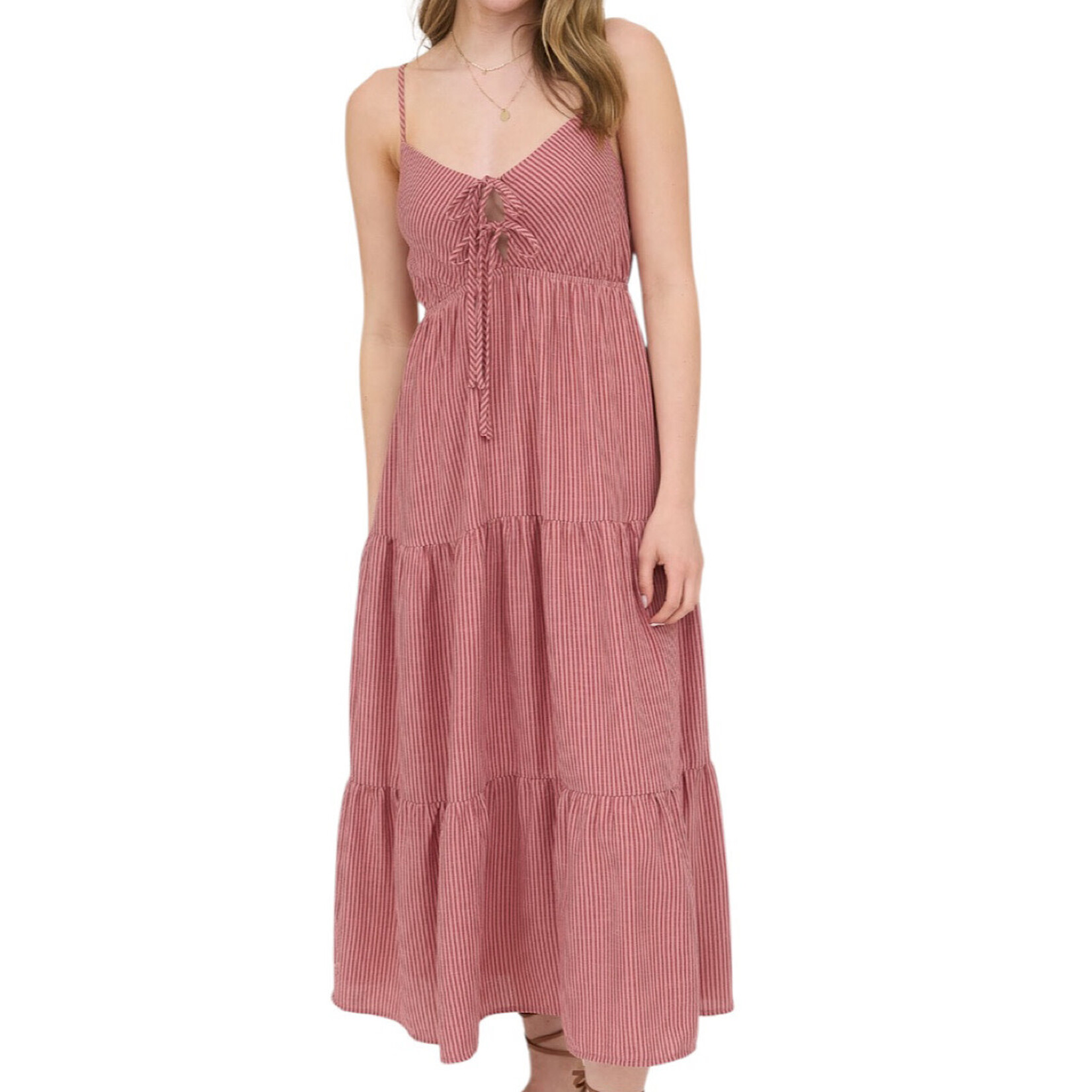 Mauve Stripe Front Tie Cutout Tiered Midi Sundress