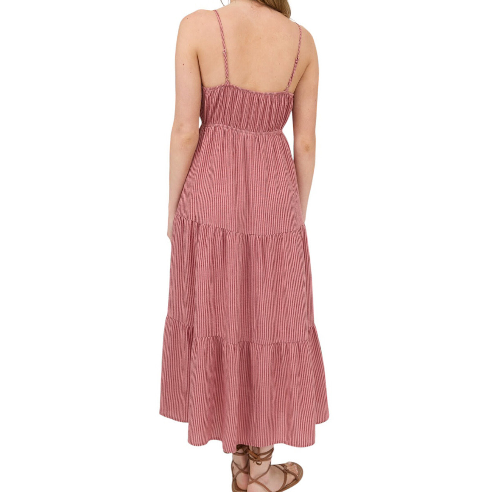 Mauve Stripe Front Tie Cutout Tiered Midi Sundress