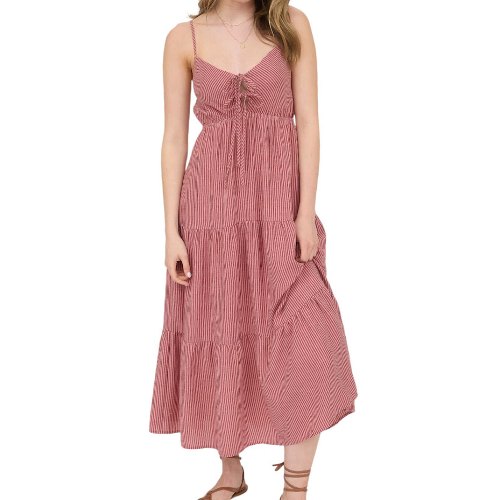 Mauve Stripe Front Tie Cutout Tiered Midi Sundress