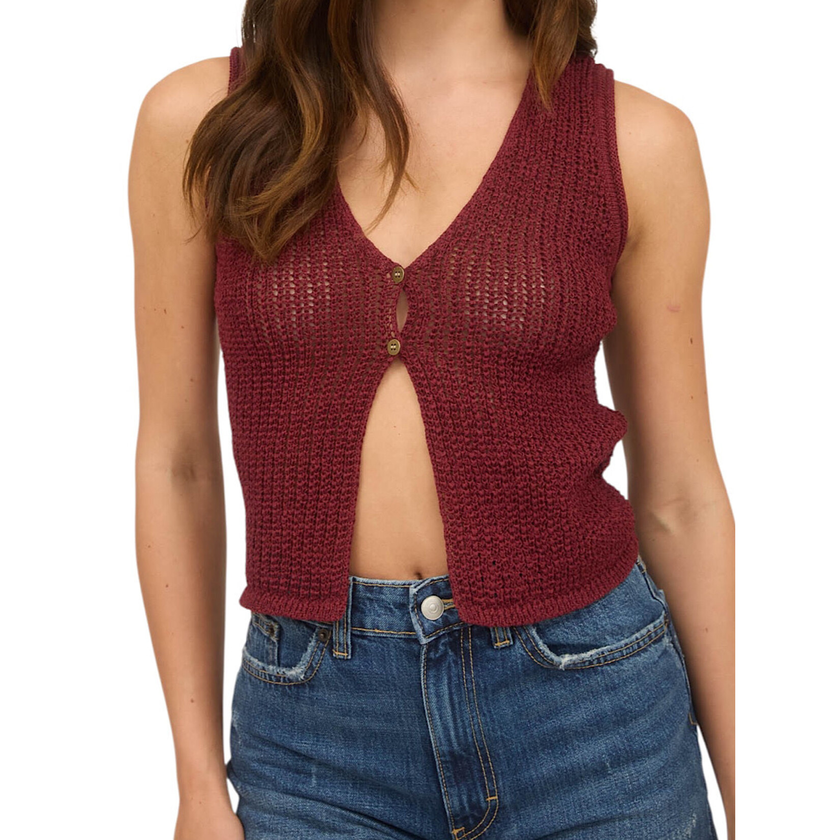 Burgundy V Neck Front Button Crochet Knit Vest