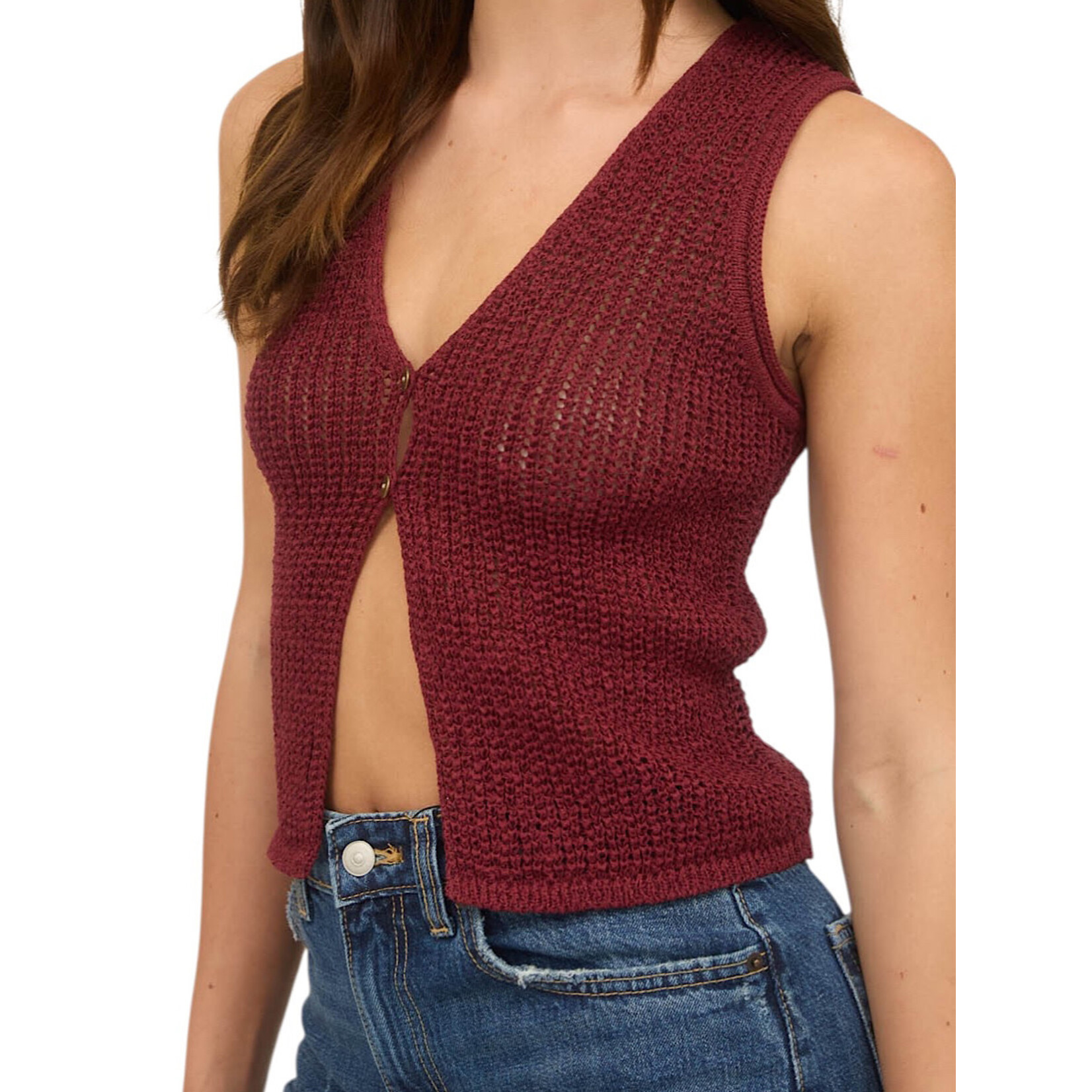 Burgundy V Neck Front Button Crochet Knit Vest