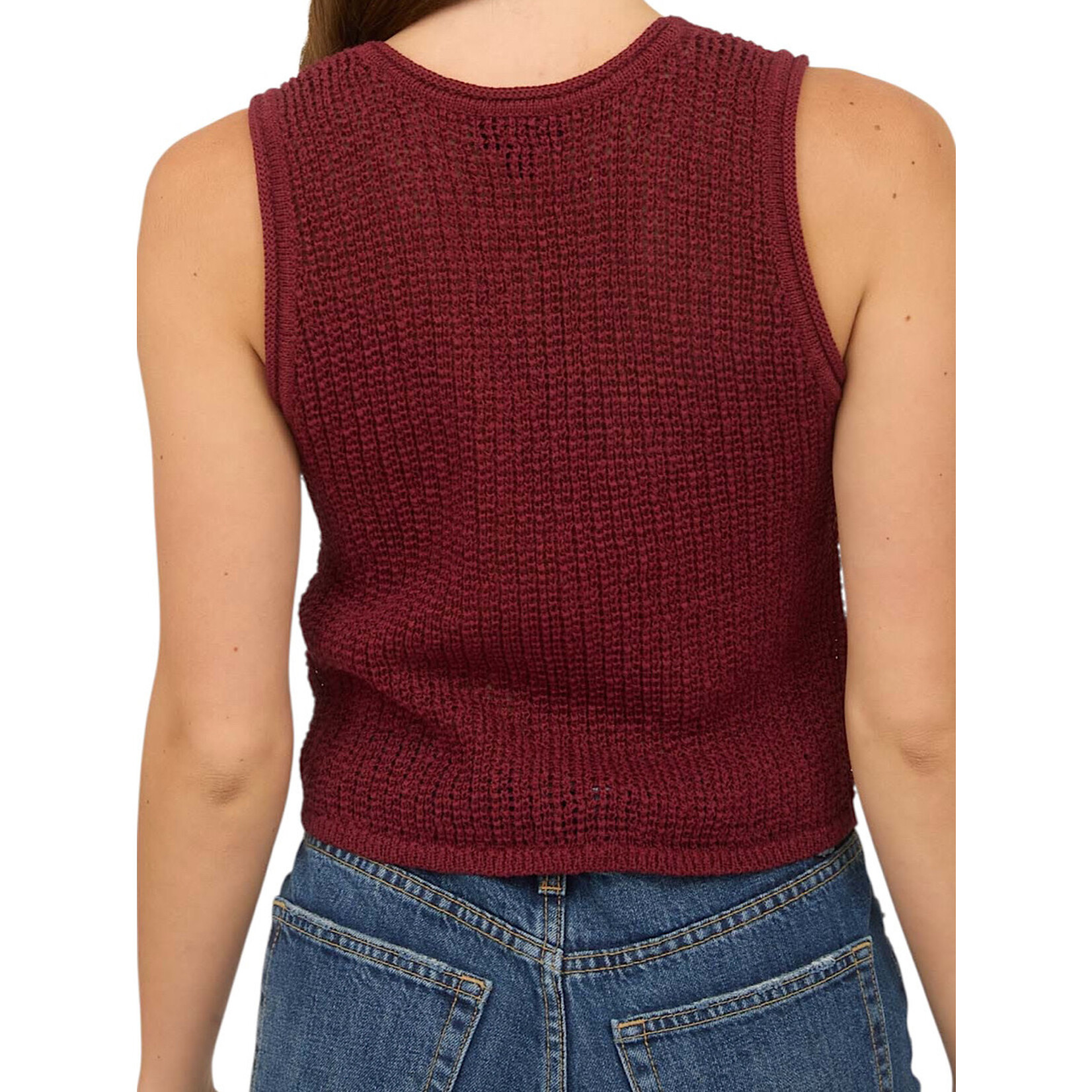 Burgundy V Neck Front Button Crochet Knit Vest