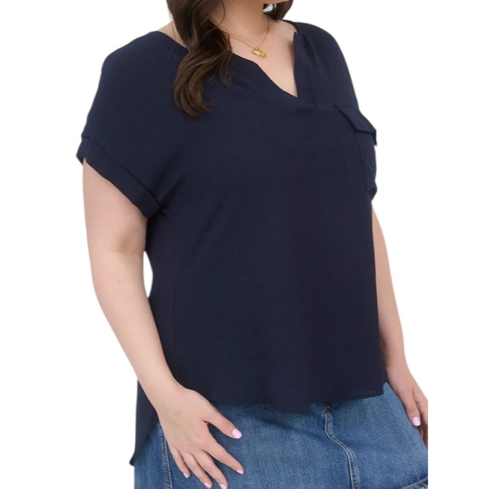Navy Plus Split Neck Back Button Short Fold Sleeve Top