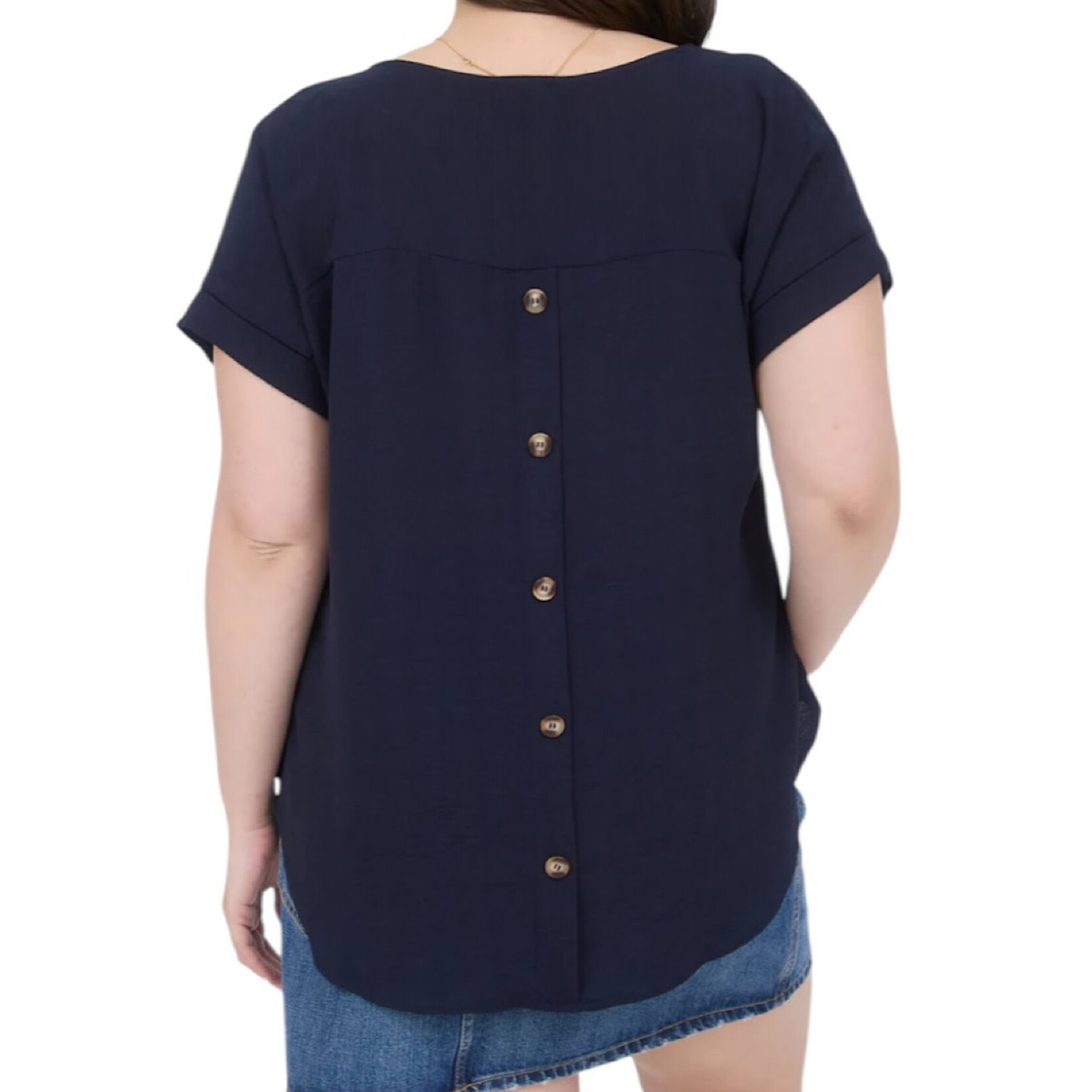 Navy Plus Split Neck Back Button Short Fold Sleeve Top