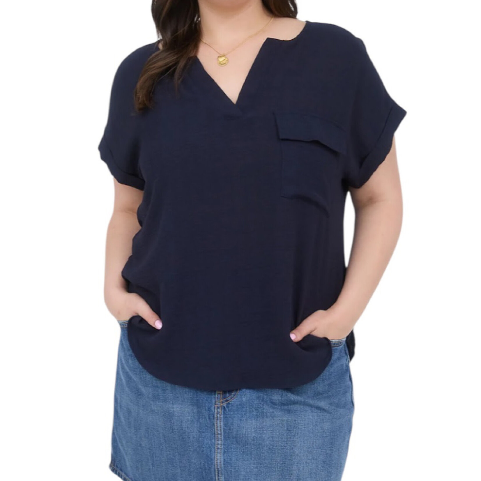 Navy Plus Split Neck Back Button Short Fold Sleeve Top